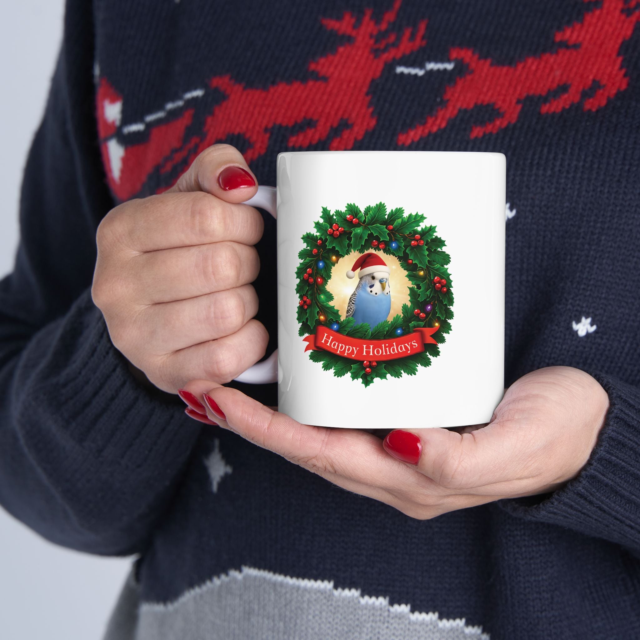 Happy Holidays Blue Budgie Mug
