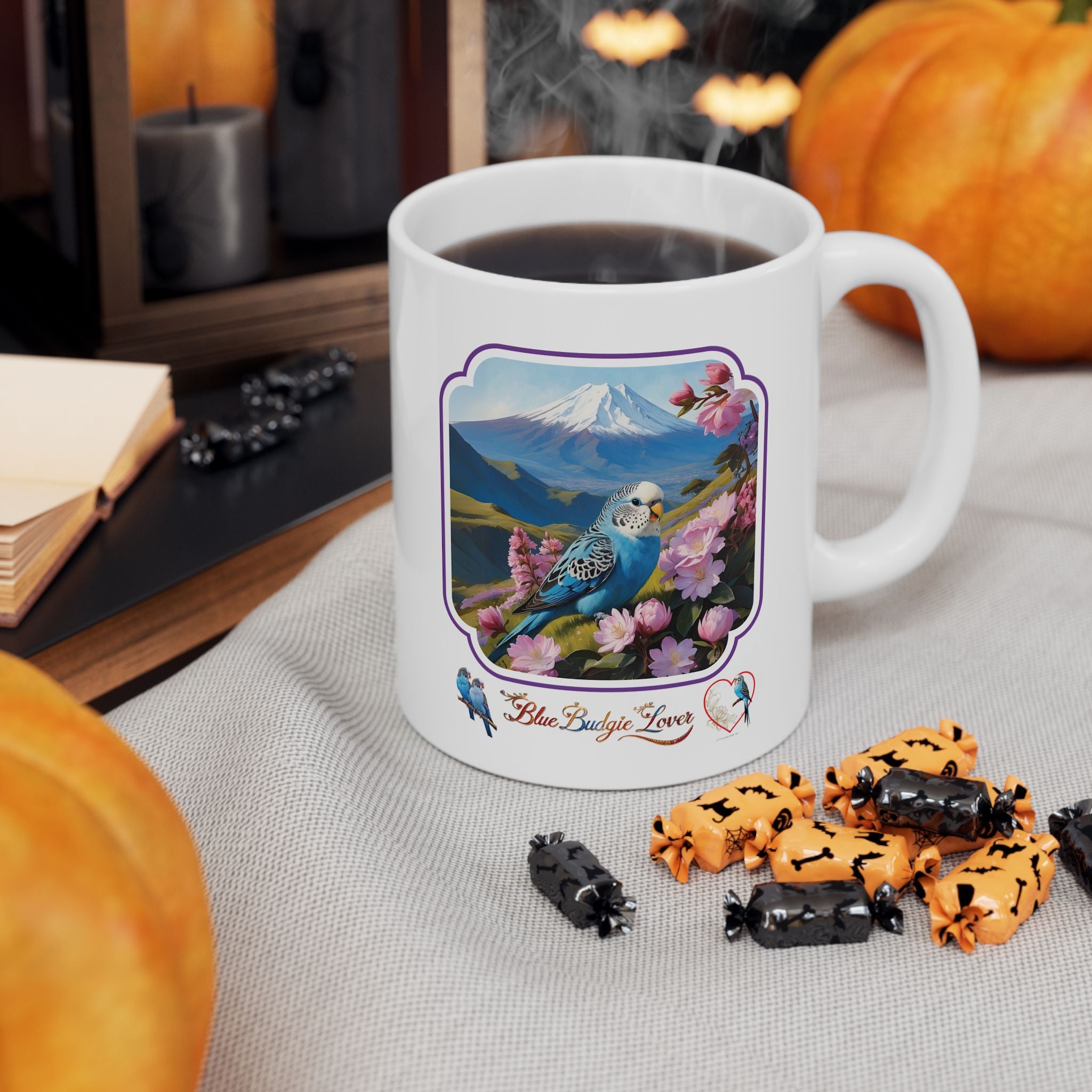 Blue Budgie Lover Mountain Floral Mug