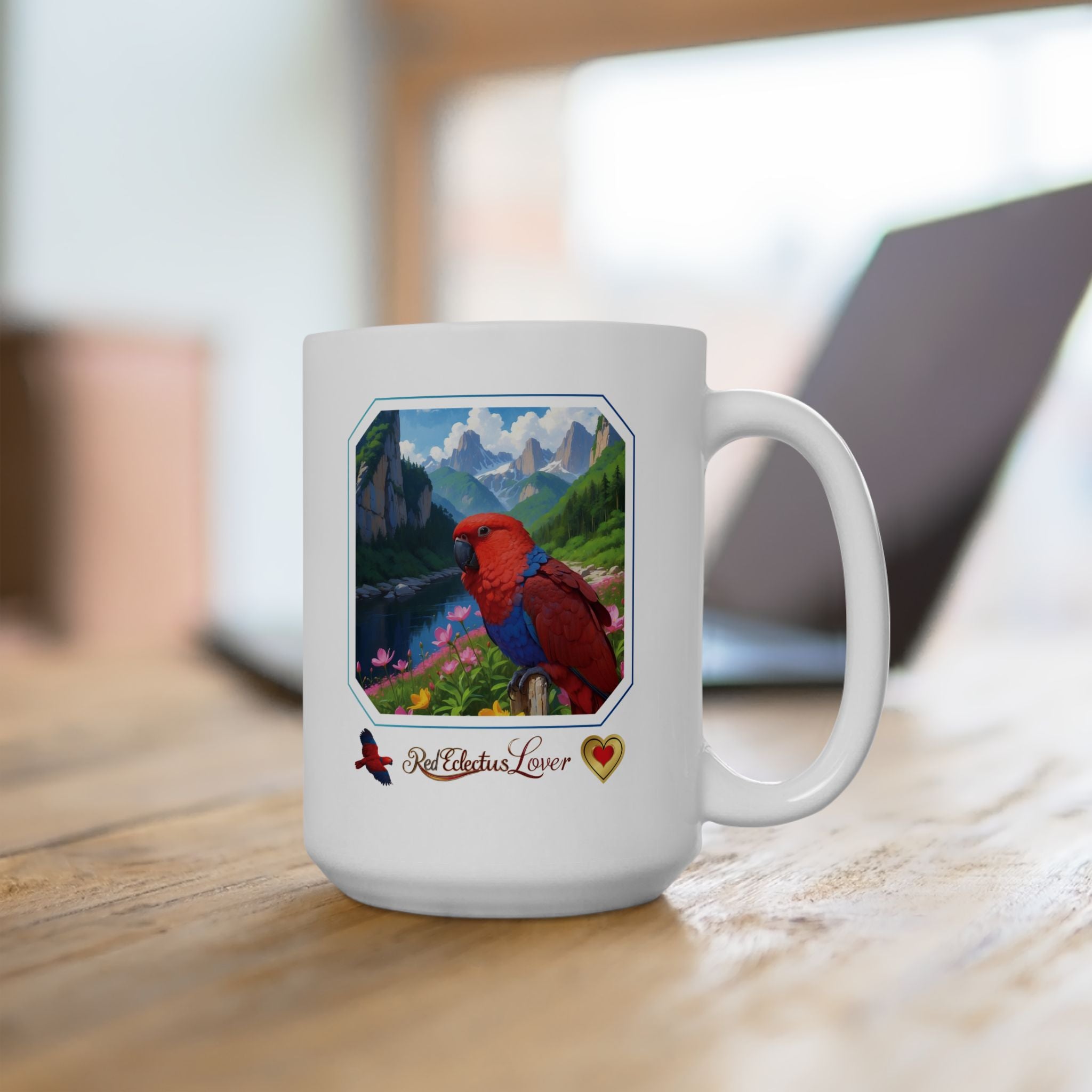 Red Eclectus Lover Mountain Lake Mug