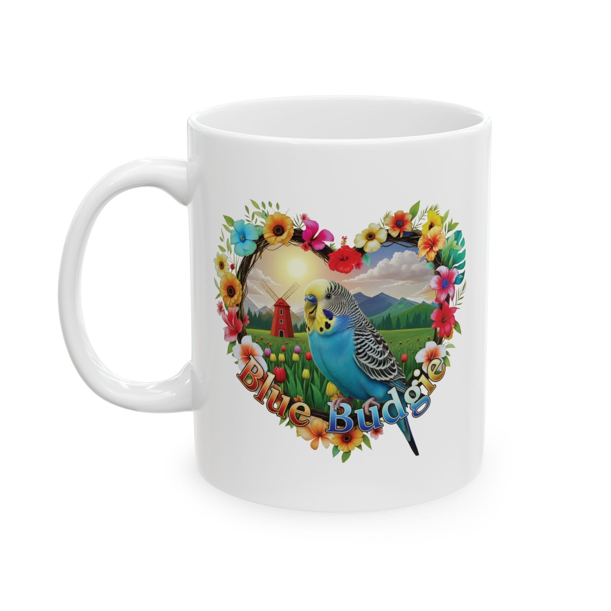 Blue Budgie Garden Scene Mug