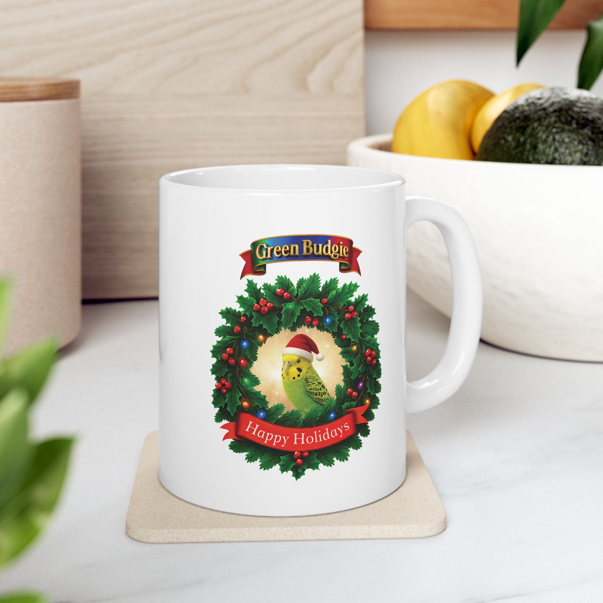 Green Budgie Happy Holidays Mug