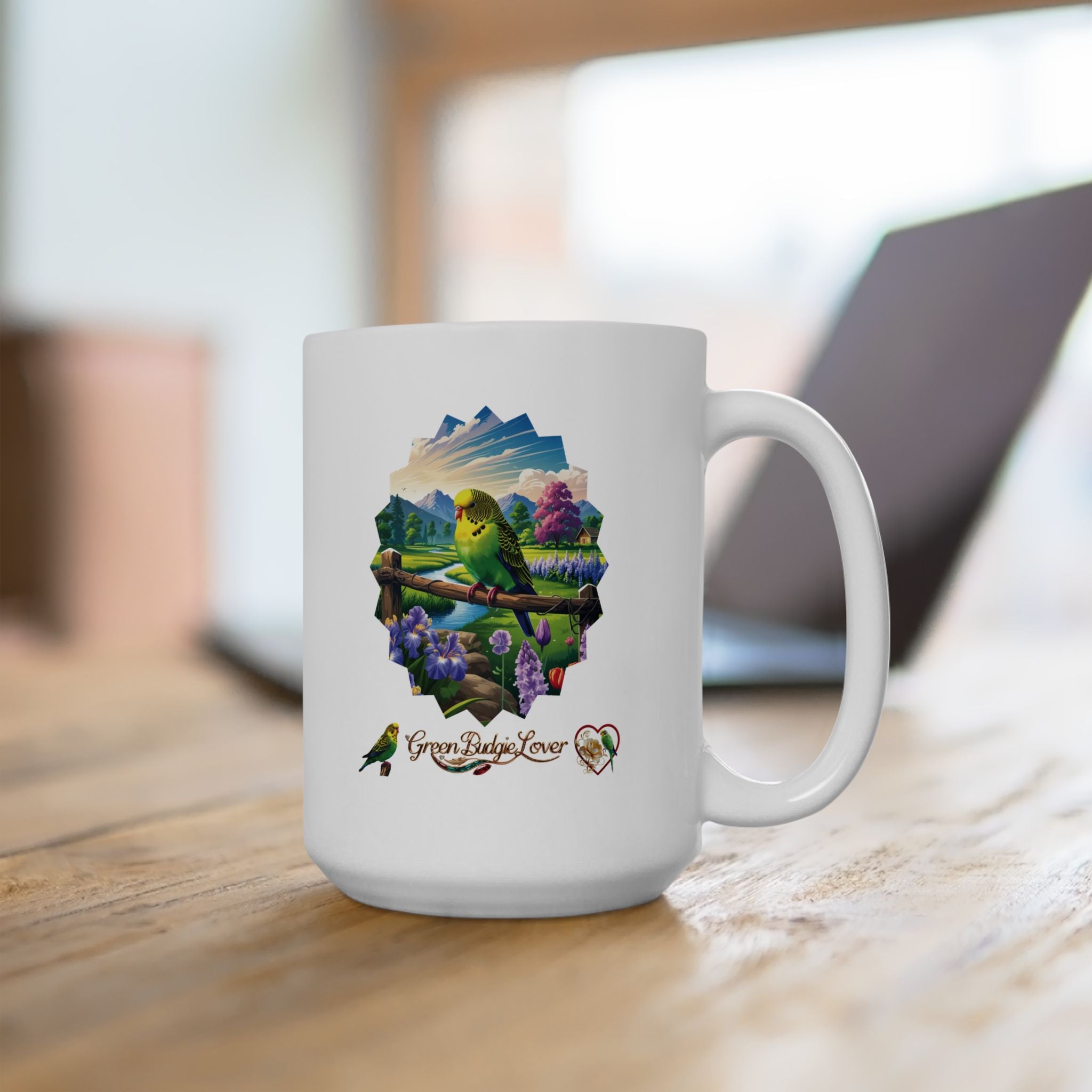 Green Budgie Lover Floral Scenic Mug