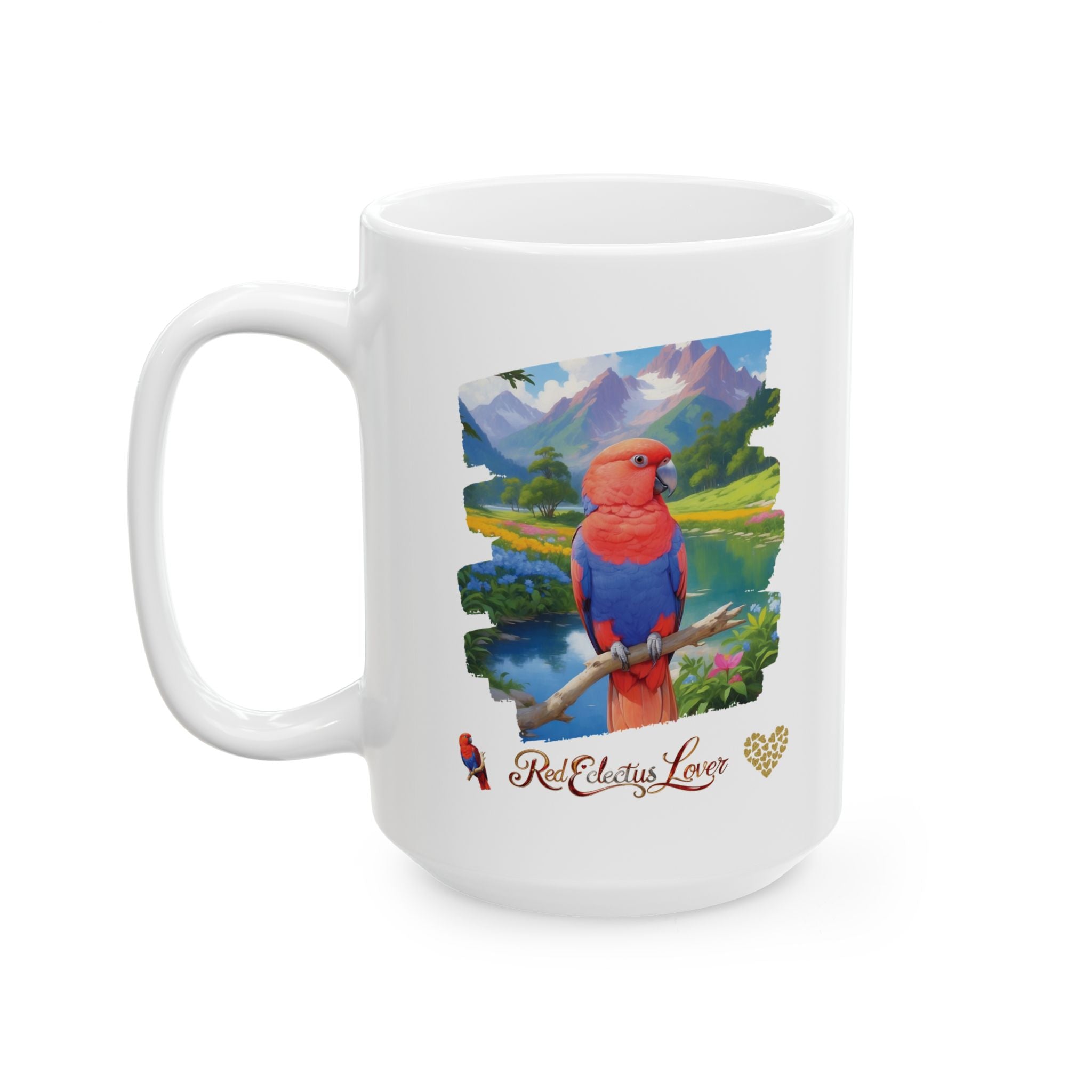Red Eclectus Lover Mountain Lake Mug