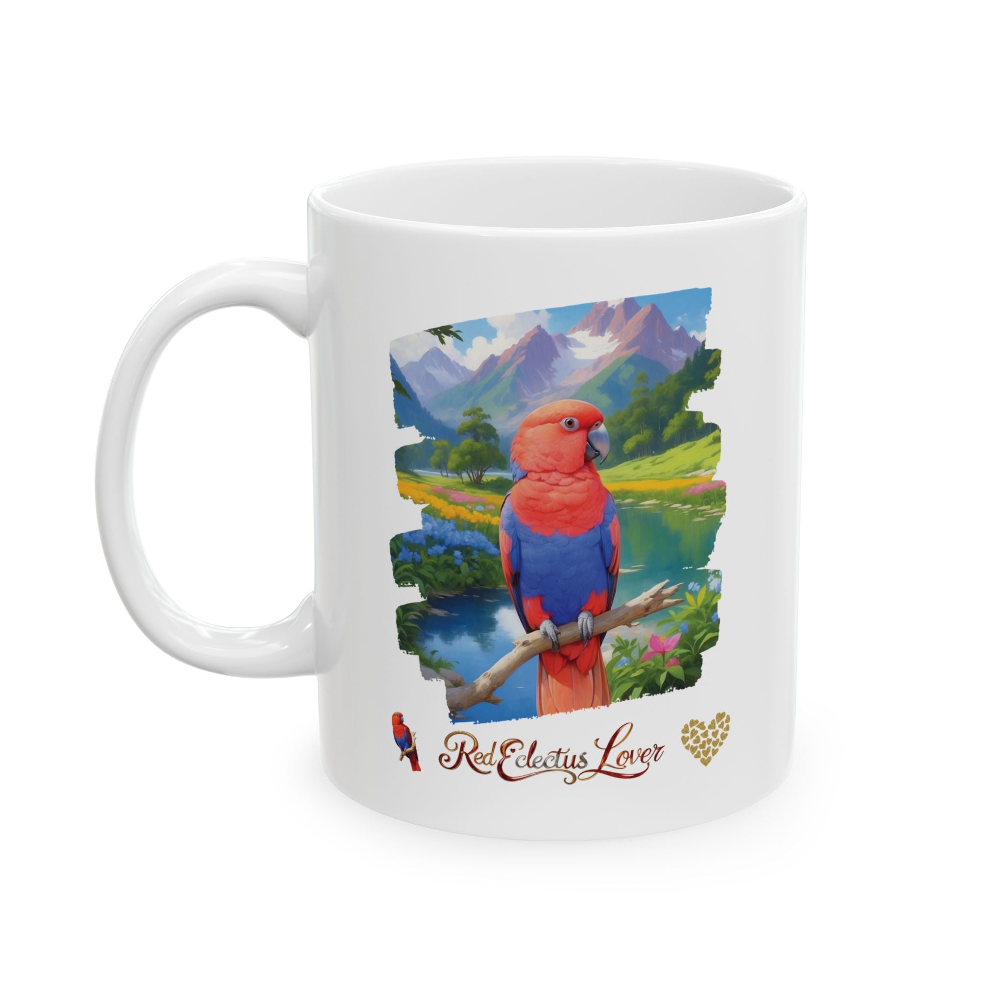 Red Eclectus Lover Mountain Lake Mug