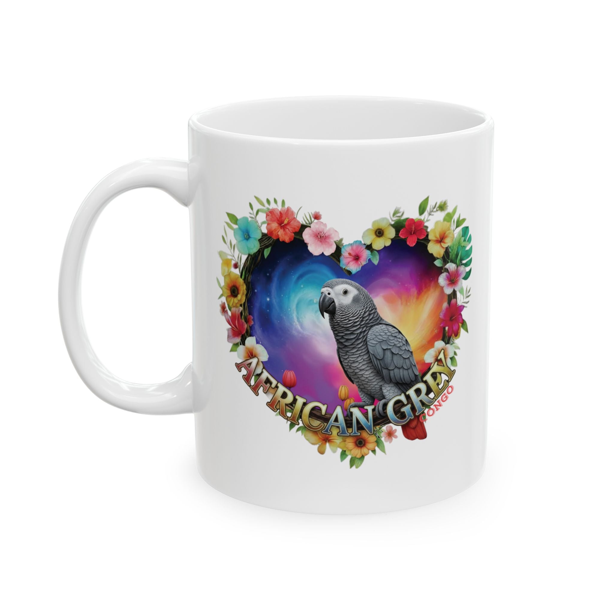 African Grey Floral Heart Mug
