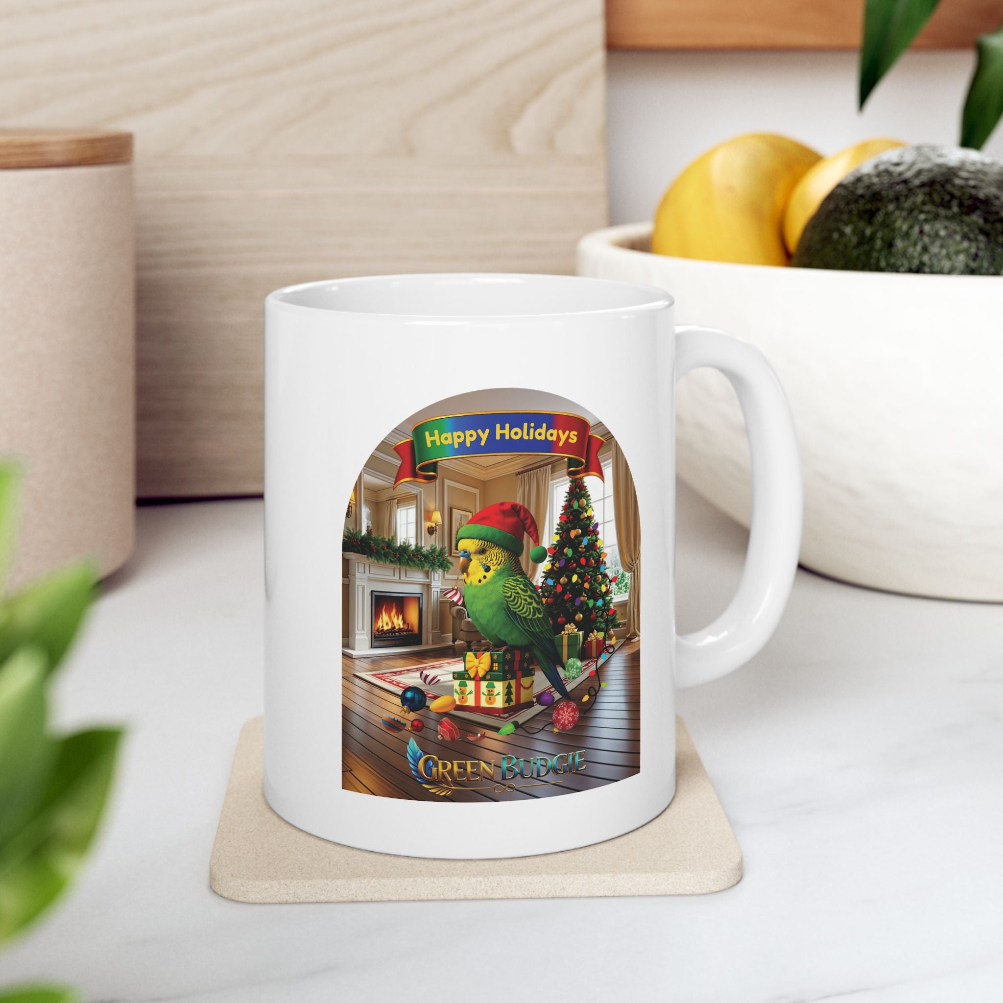 Happy Holidays Green Budgie Mug