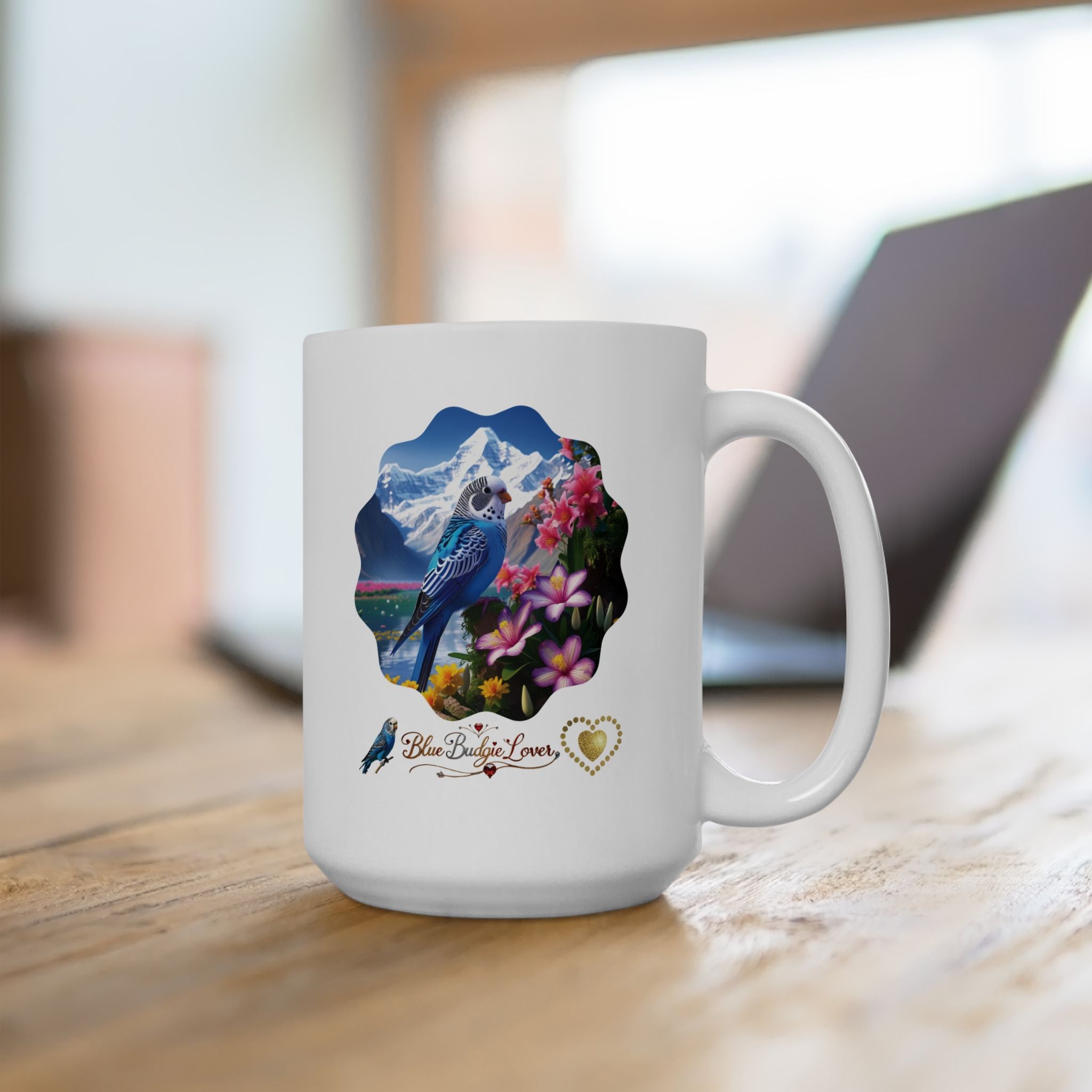 Blue Budgie Lover Mountain Floral Mug