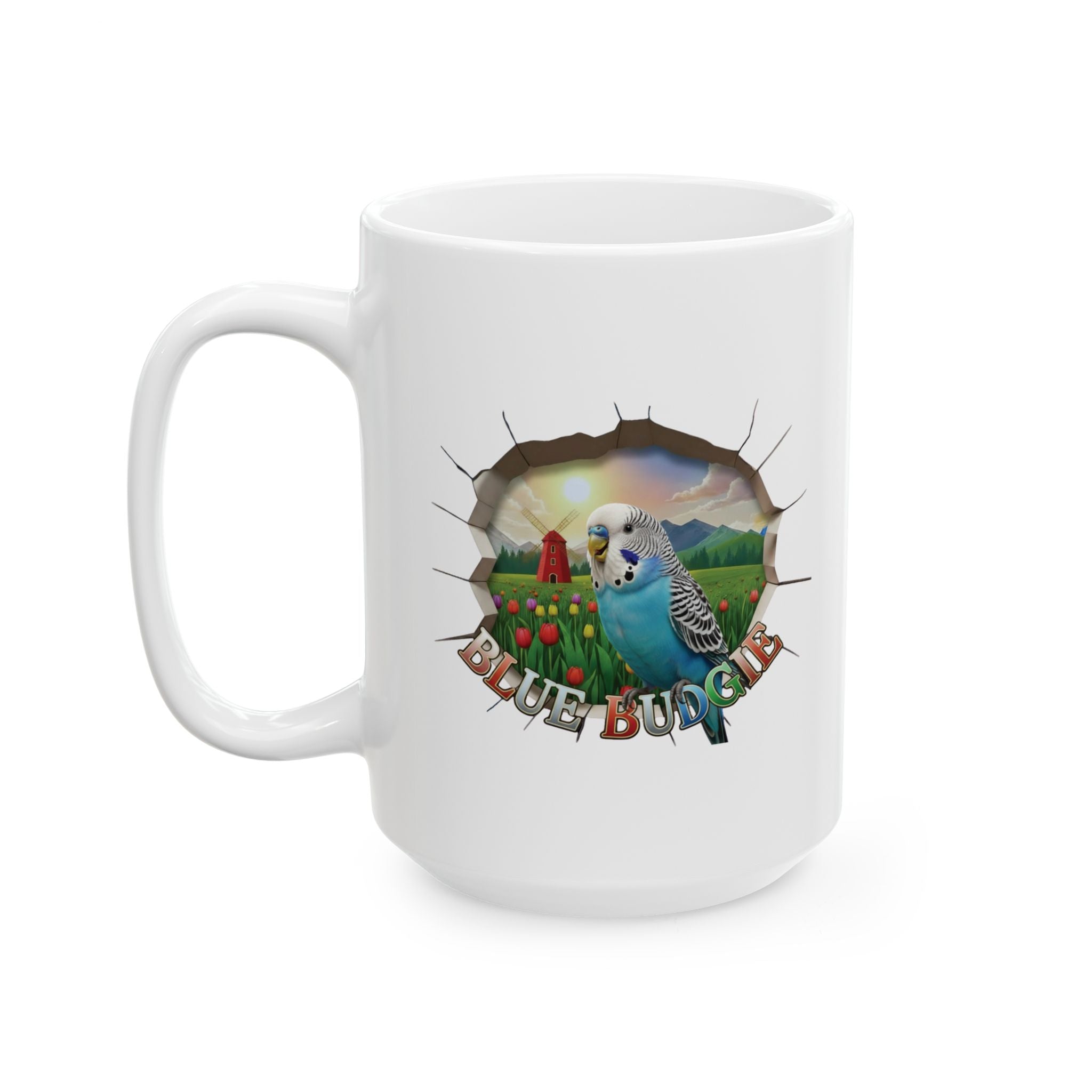 Blue Budgie Tulip Field Mug