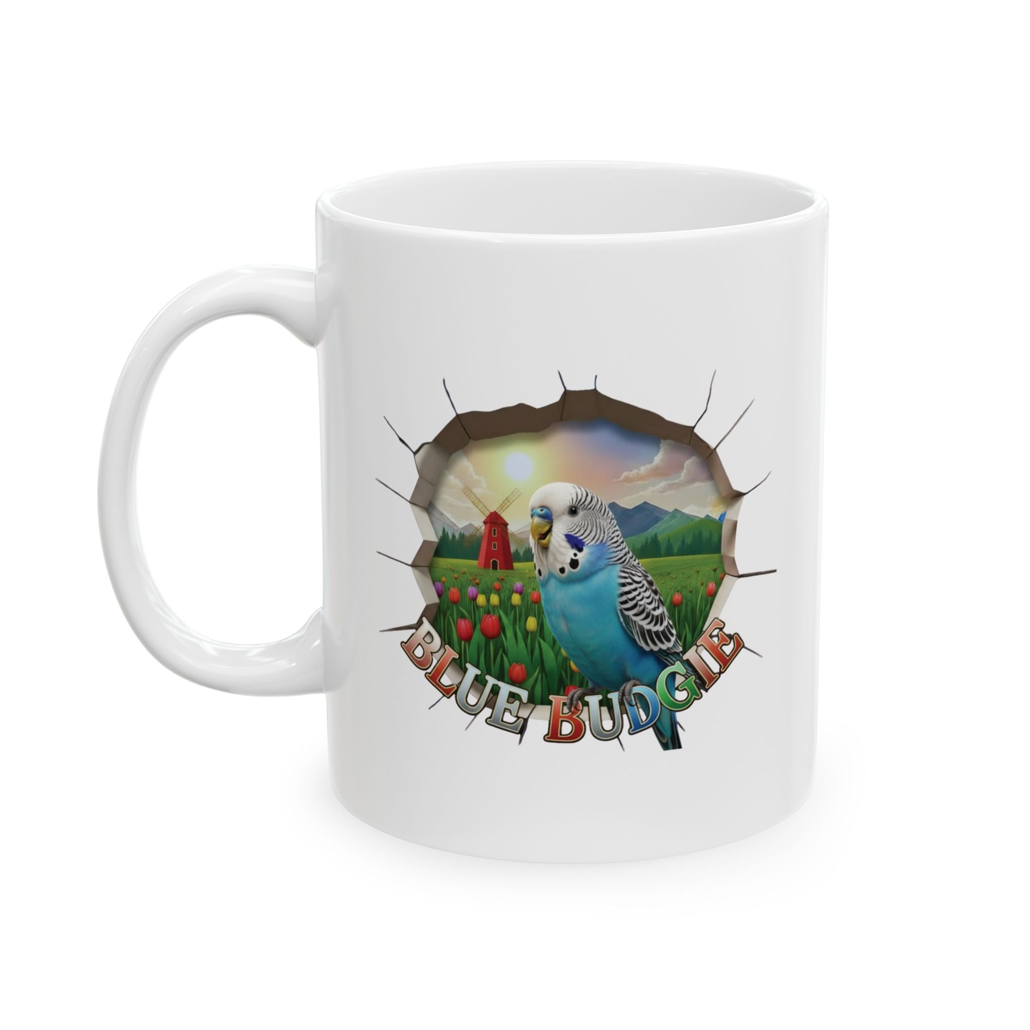 Blue Budgie Tulip Field Mug