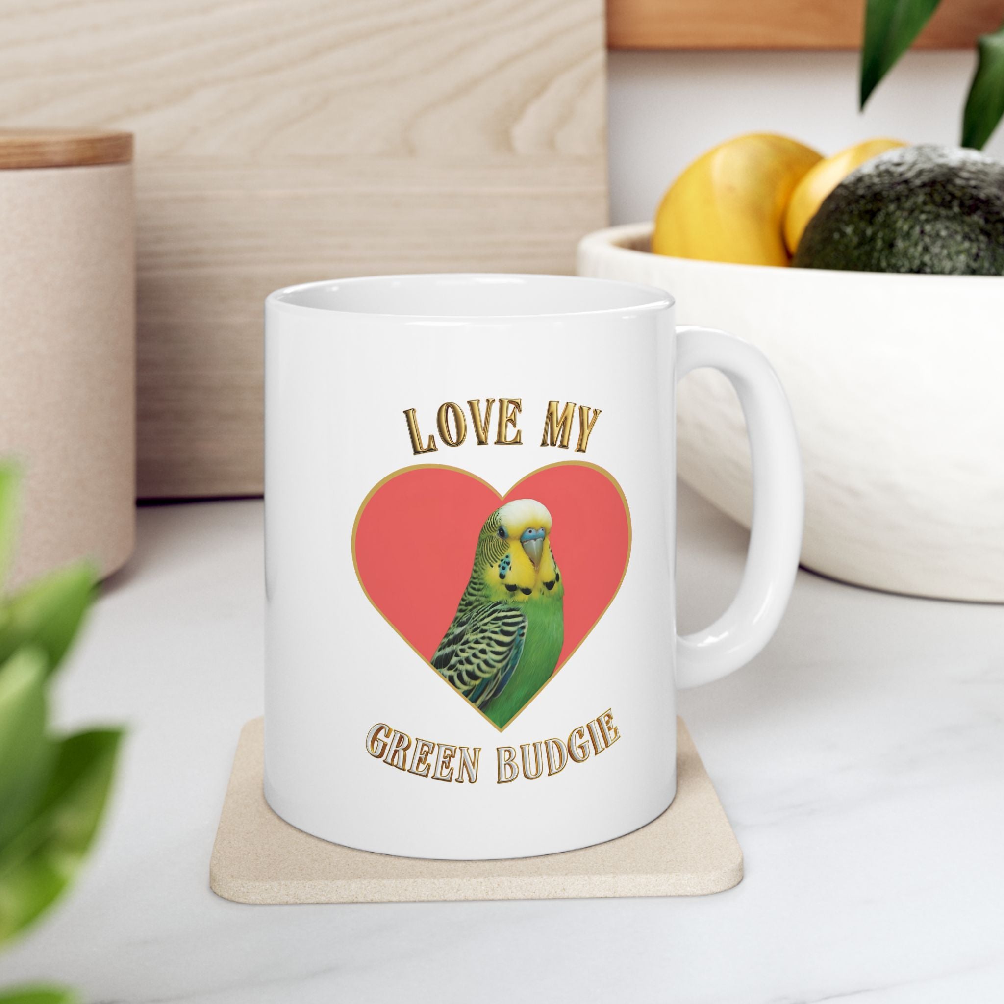 Love My Green Budgie Heart Mug