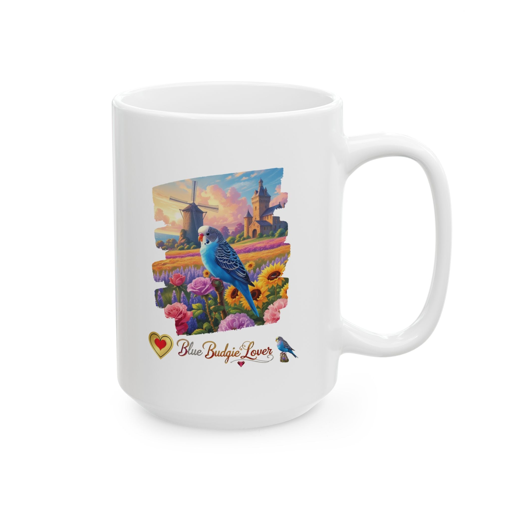 Blue Budgie Lover Flower Field Mug