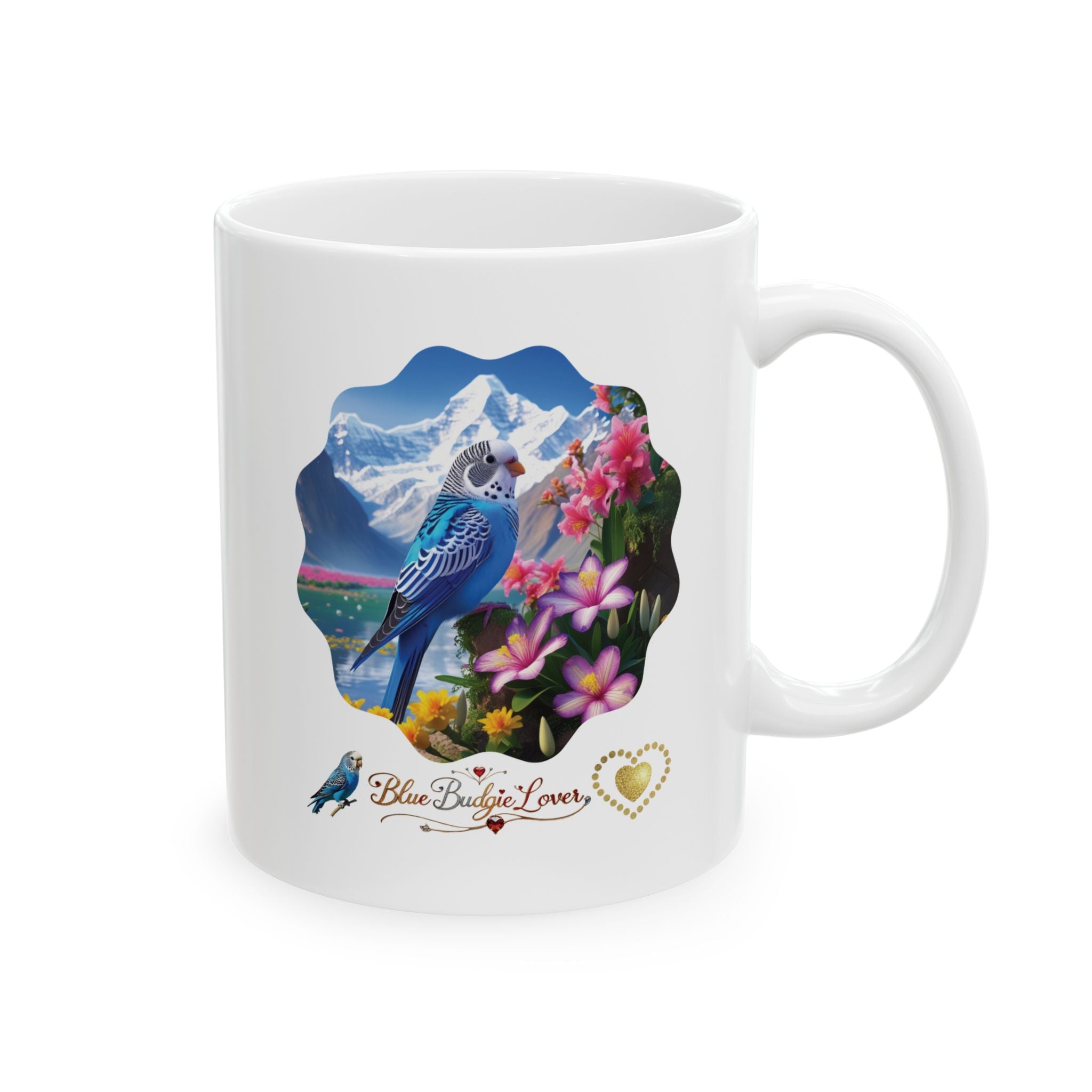 Blue Budgie Lover Mountain Floral Mug