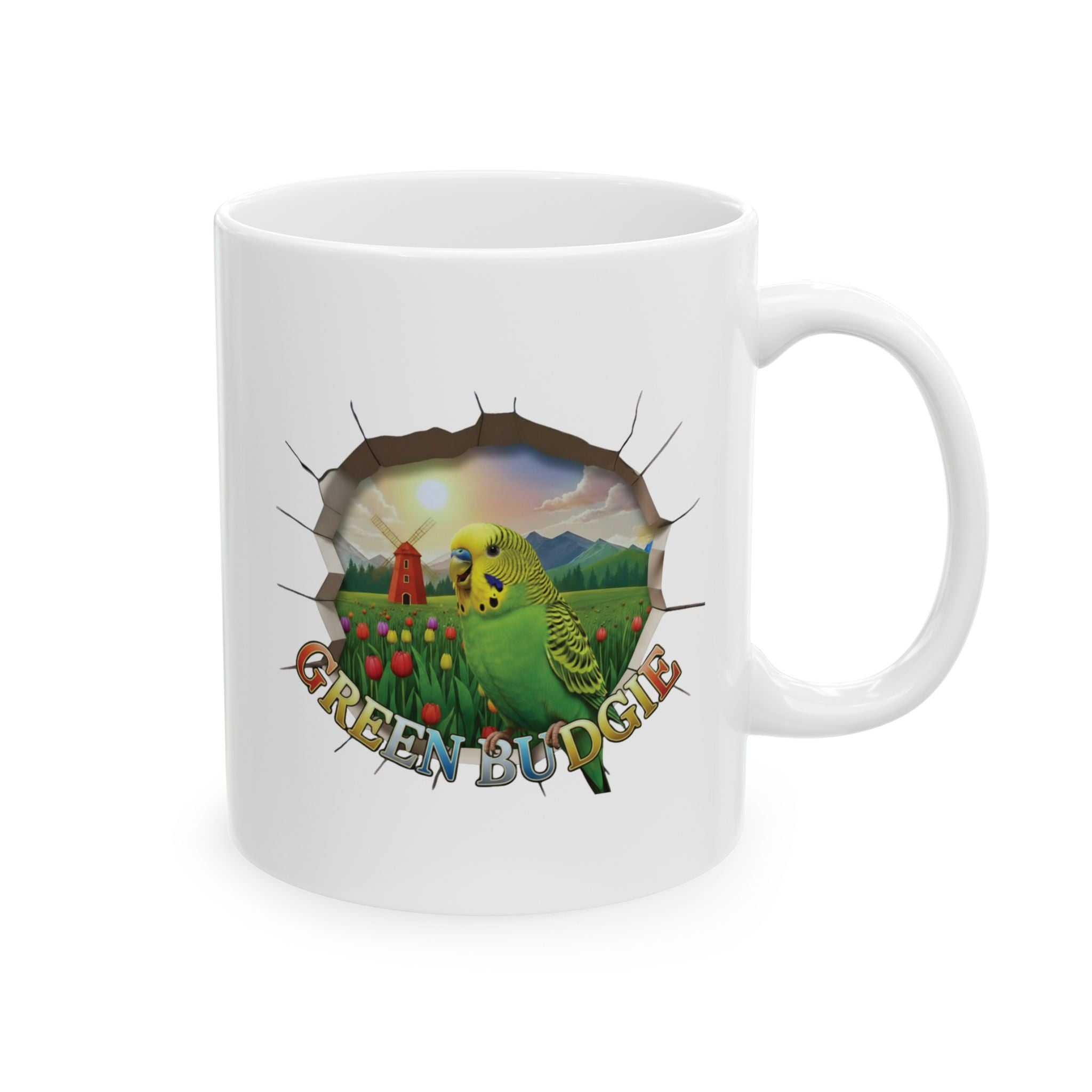 Green Budgie Tulip Field Mug