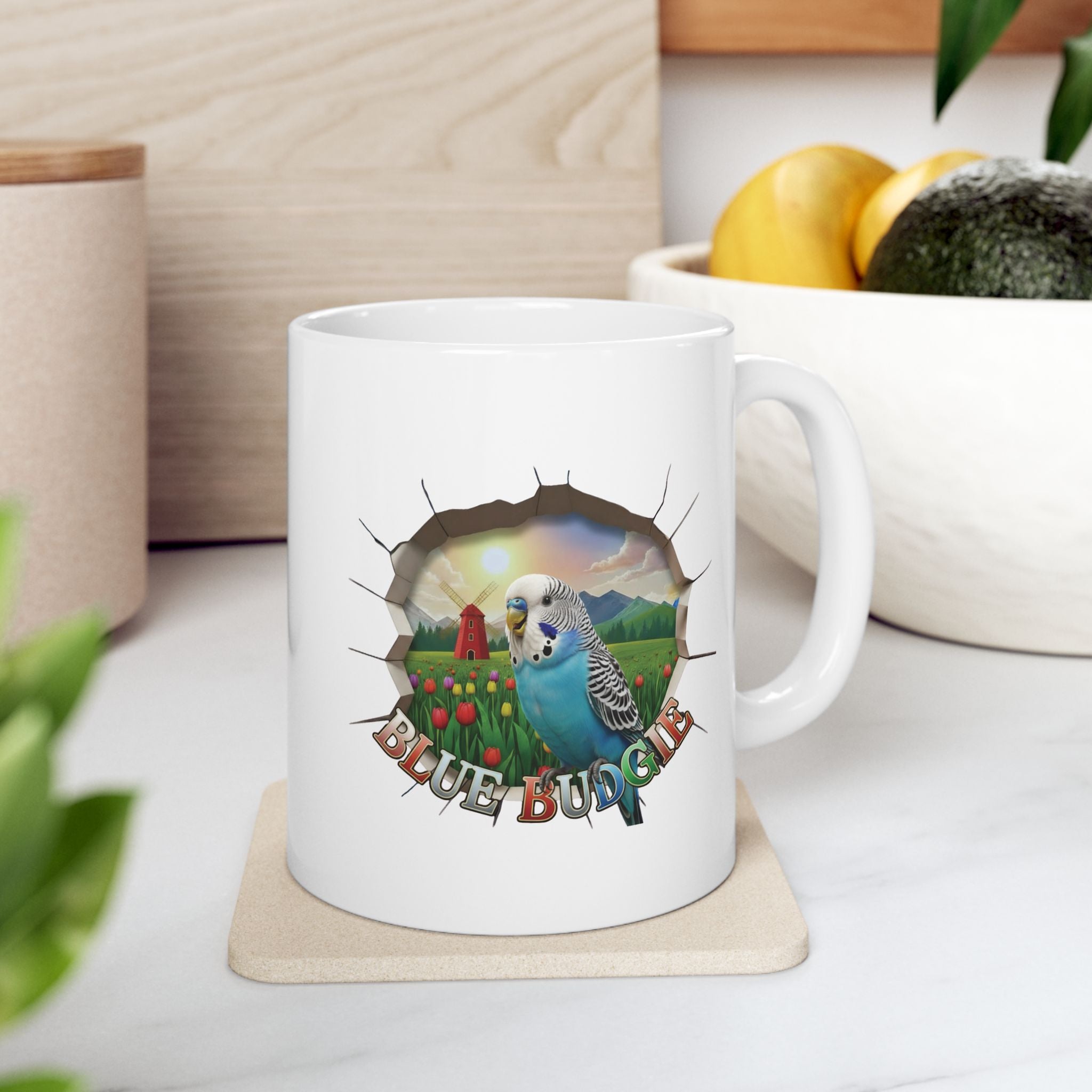 Blue Budgie Tulip Field Mug