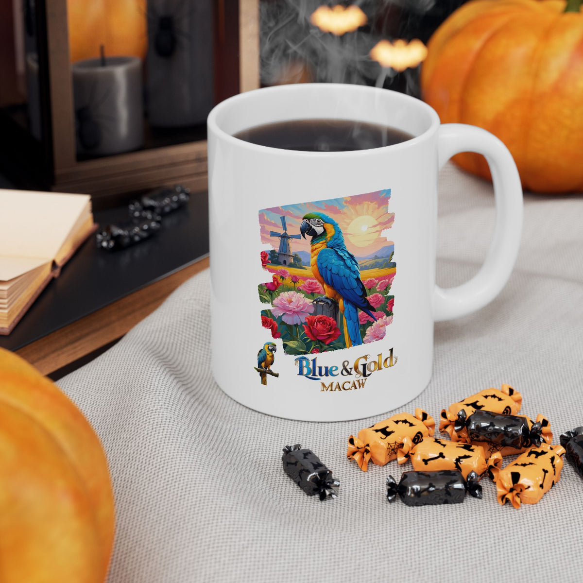 Blue & Gold Macaw Floral Mug