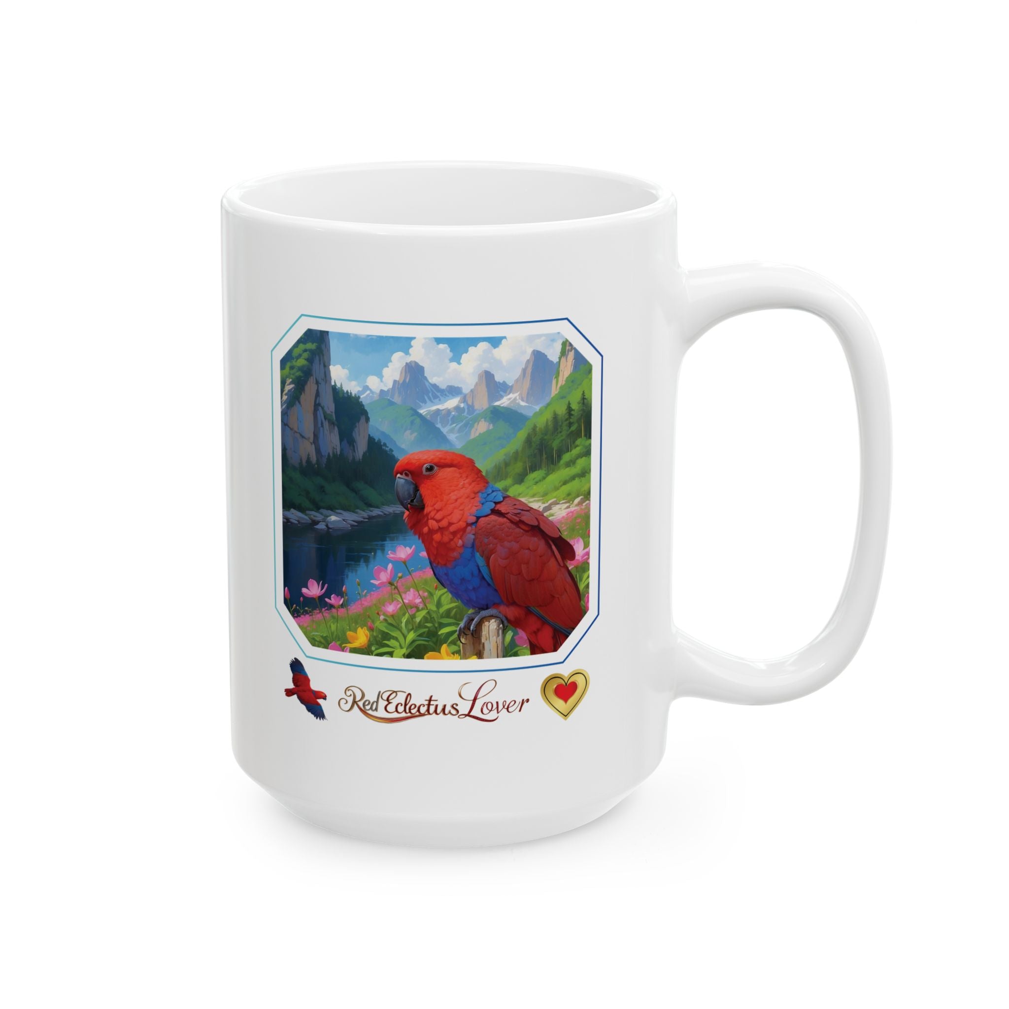 Red Eclectus Lover Mountain Lake Mug