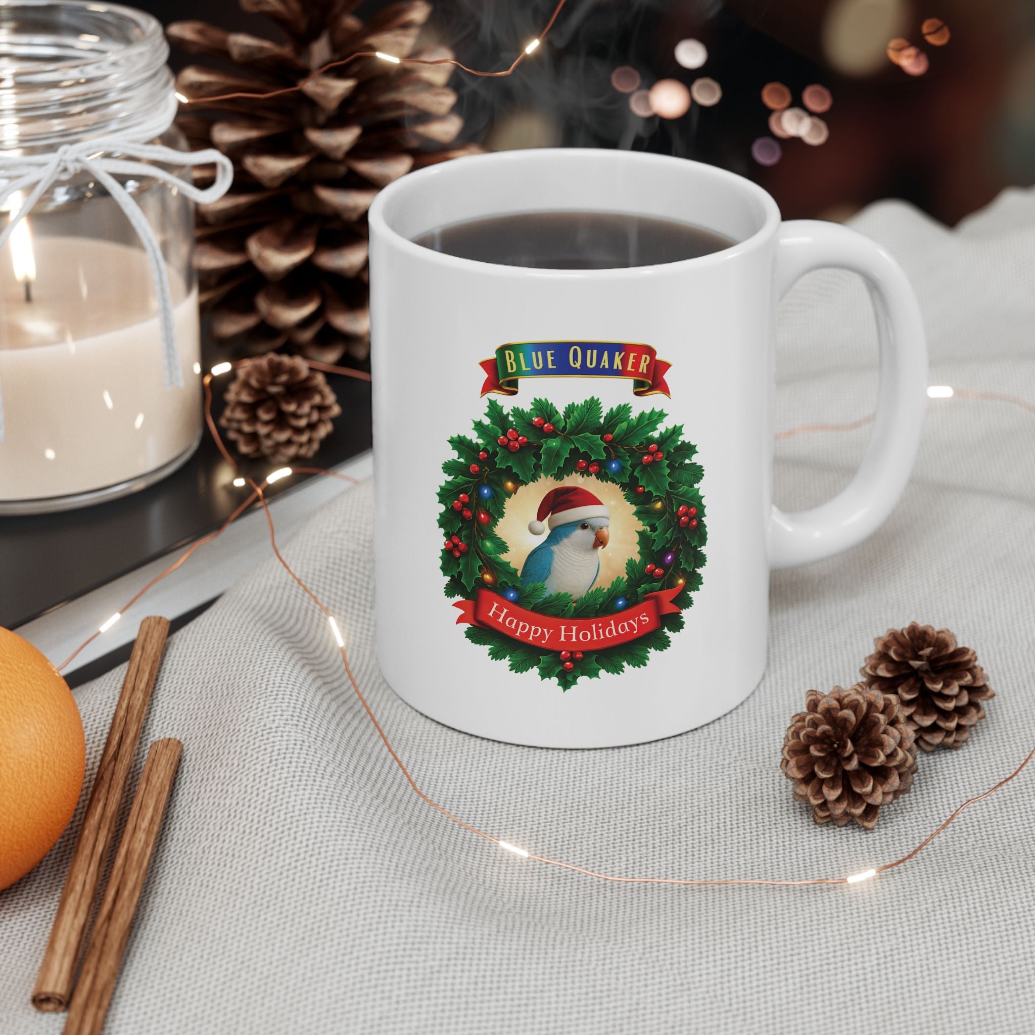 Blue Quaker Happy Holidays Mug