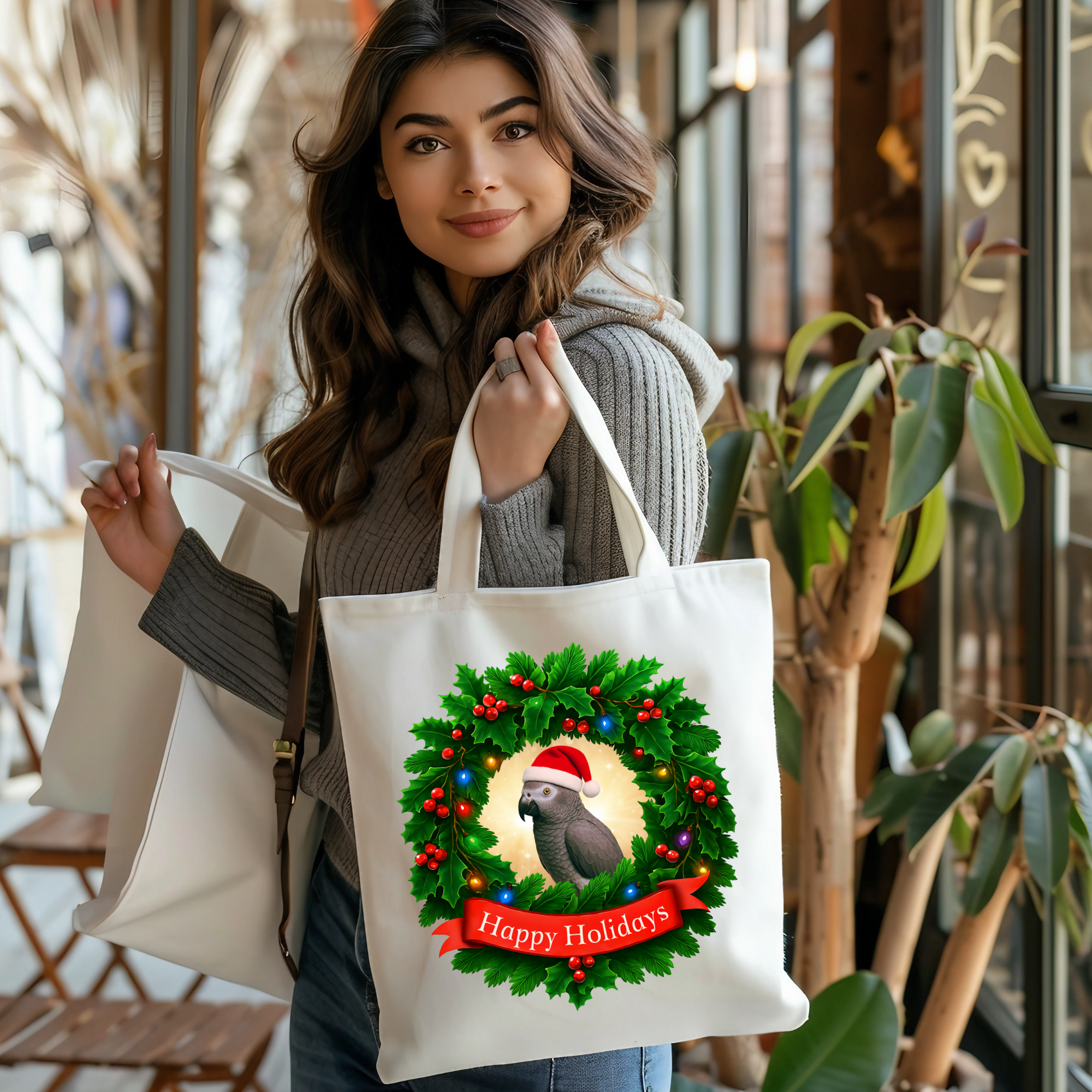 Happy Holidays African Grey Timneh Tote Bag