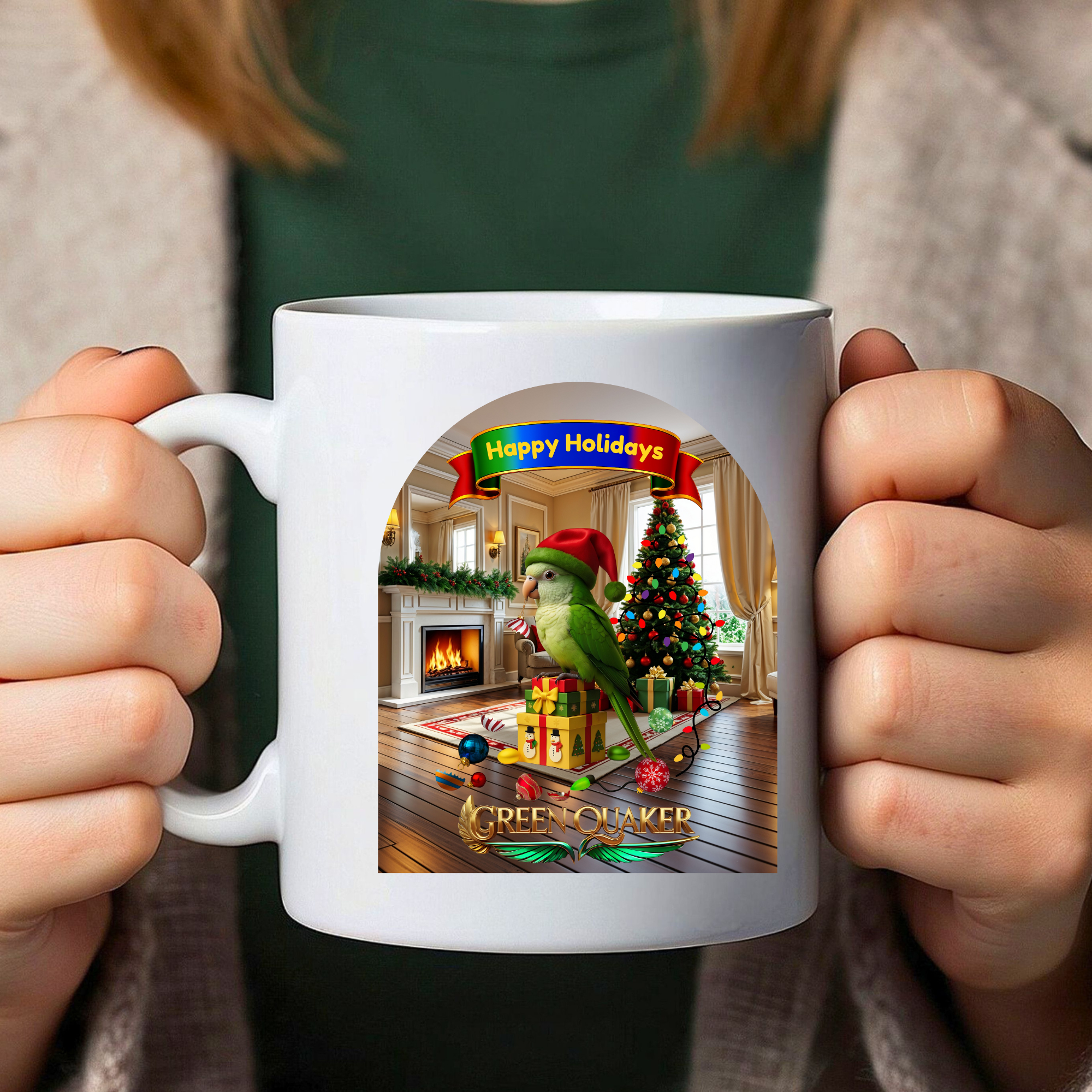 Happy Holidays Green Quaker Mug
