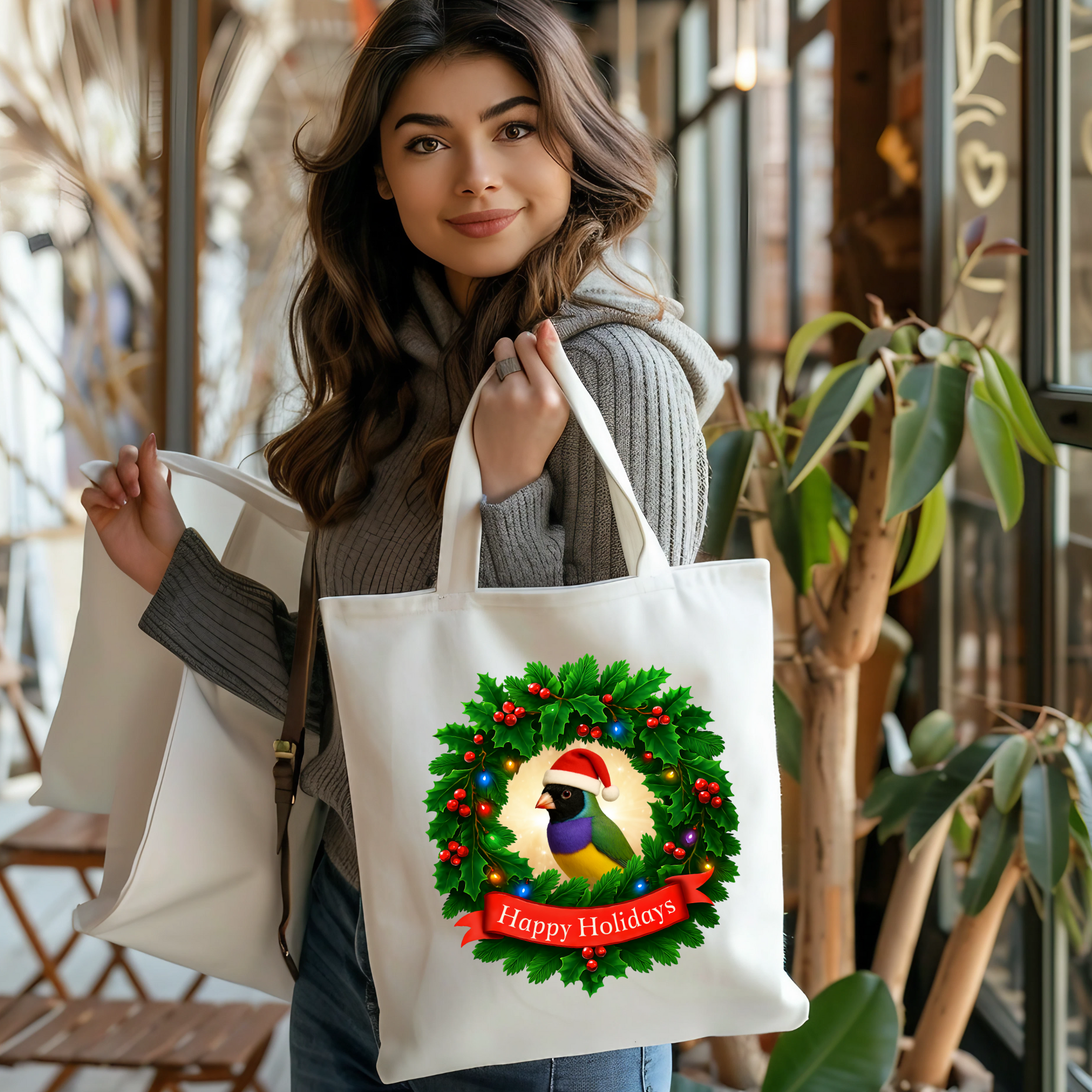 Happy Holidays Finch Parrot Tote Bag