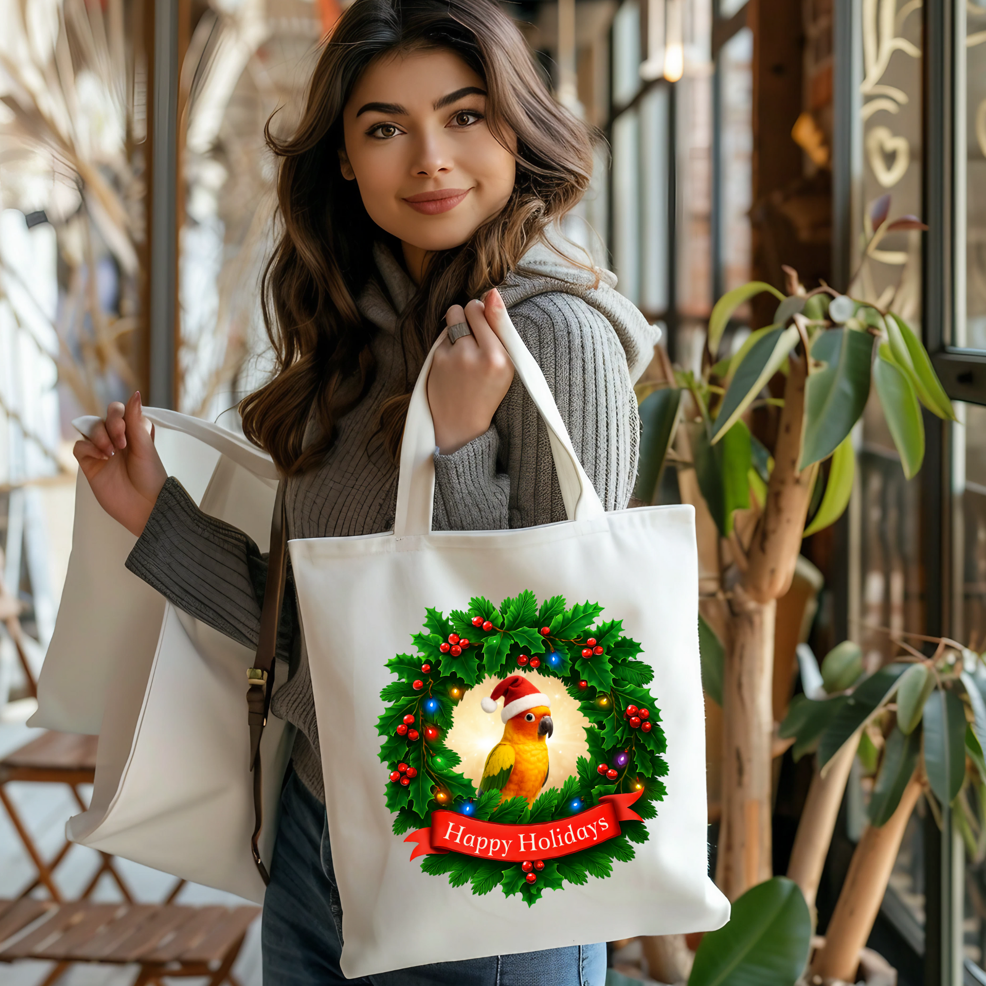 Happy Holidays Sun Conure Tote Bag