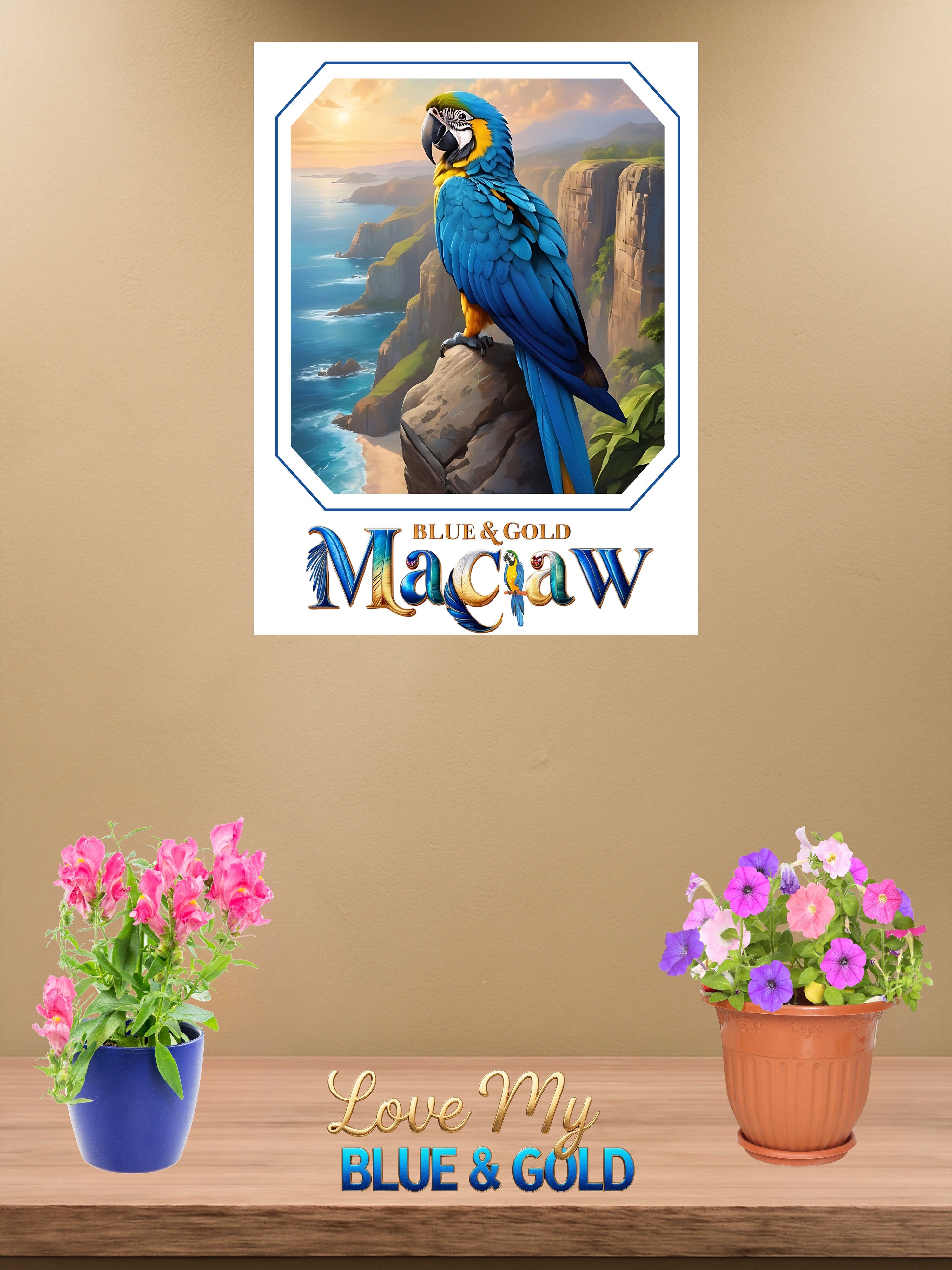 African grey blue and gold macaw wall hanging