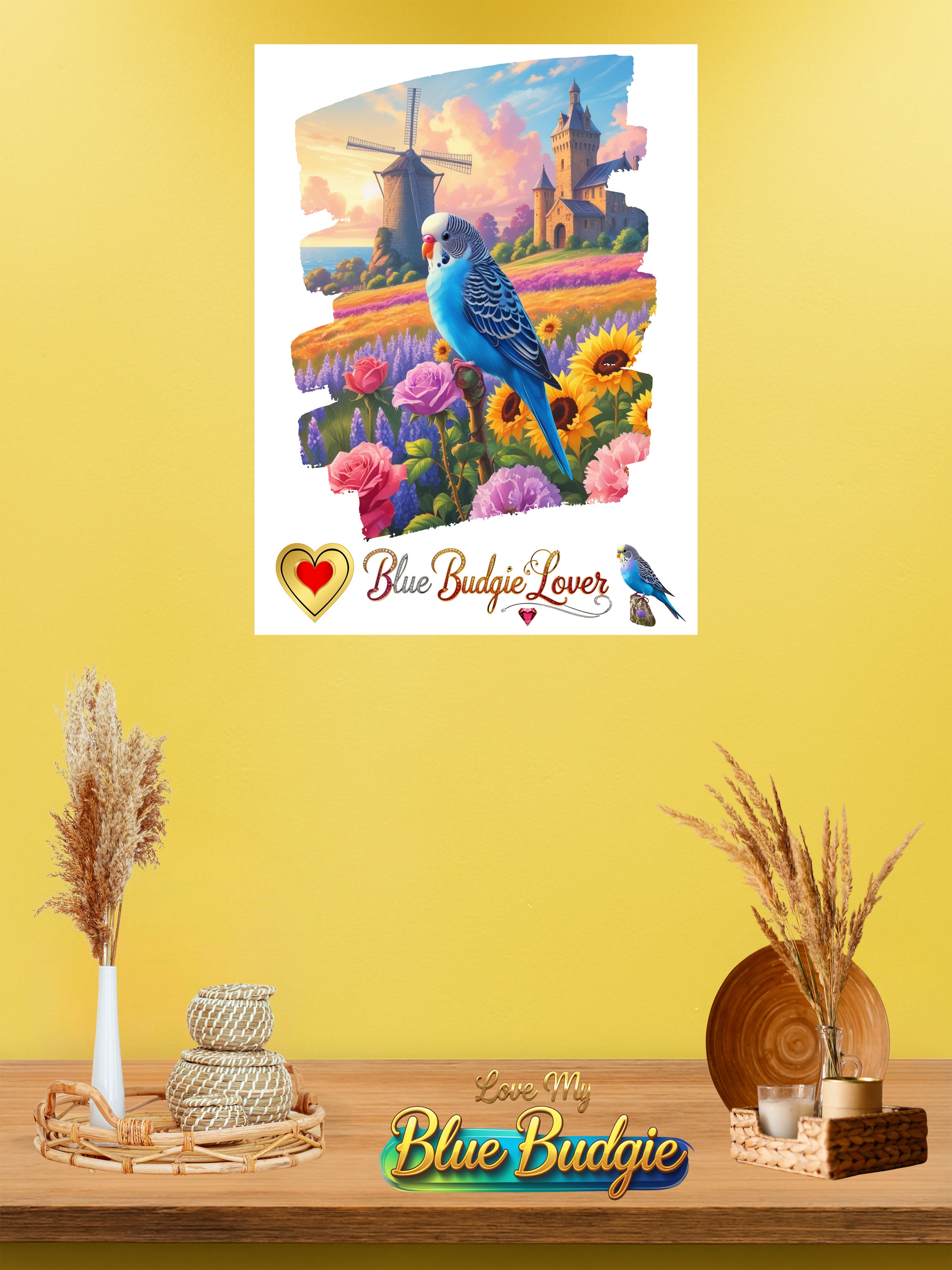 Blue Budgie Lover Floral Wall-Hanging