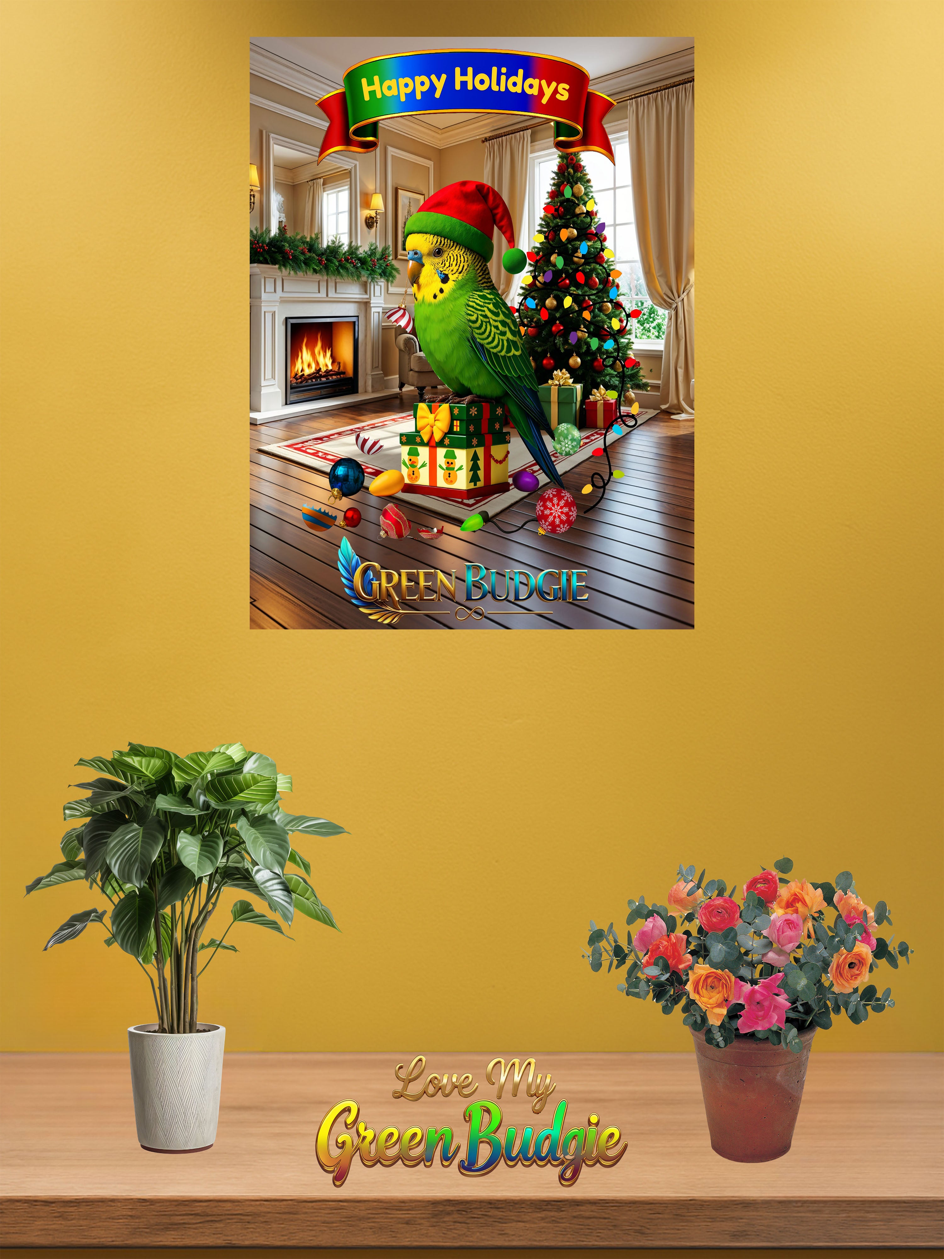 Happy Holidays Green Budgie Wall-Hanging