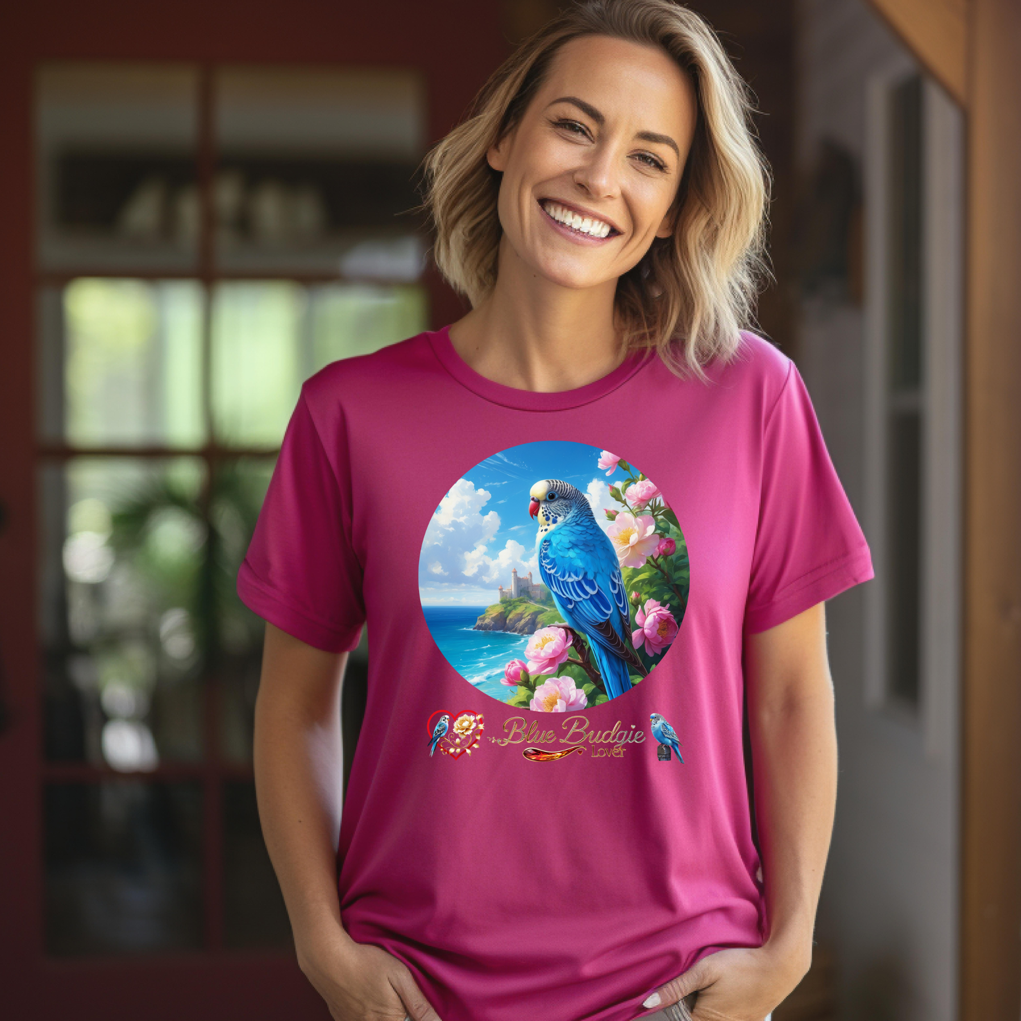 Blue Budgie Lover Floral T-Shirt