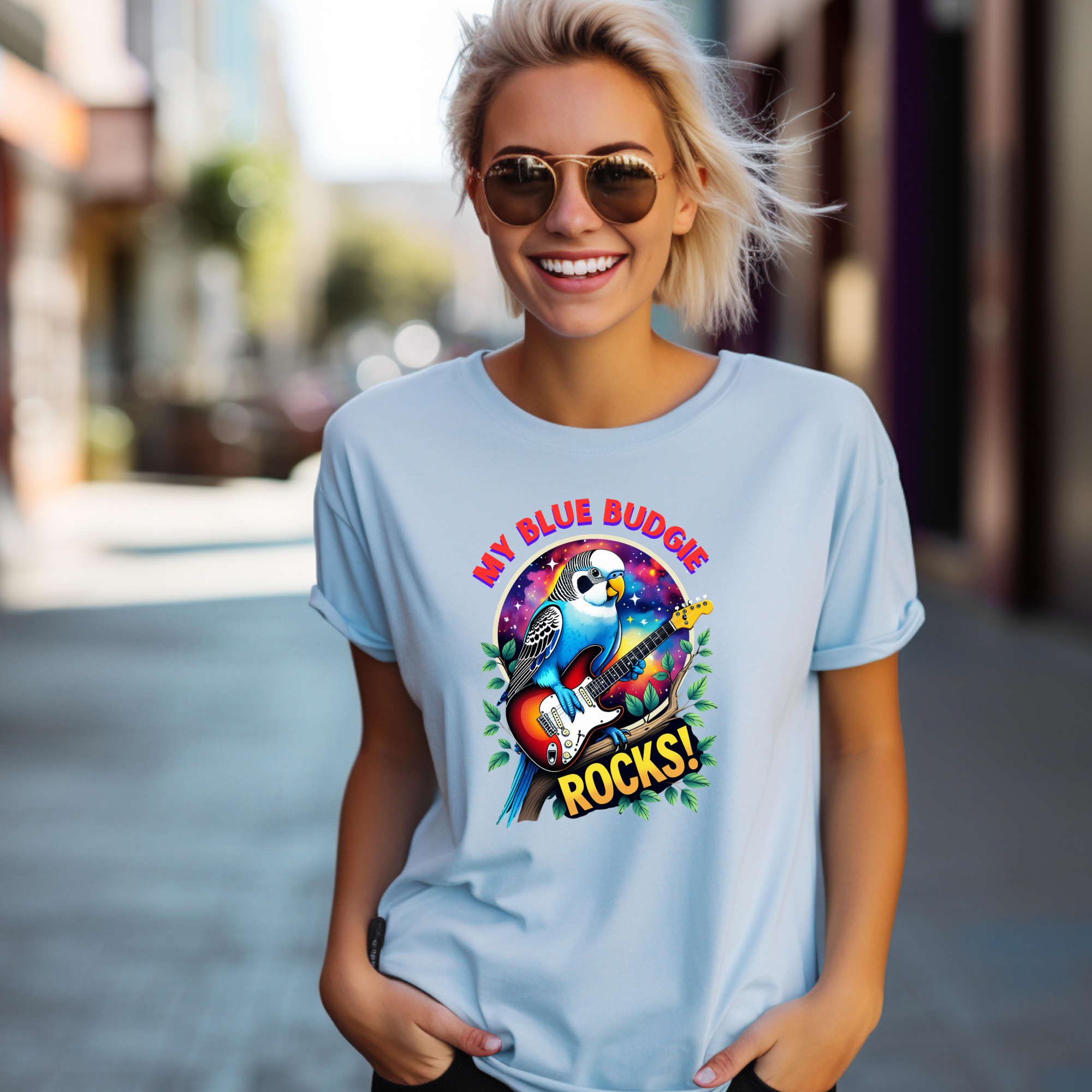 My Blue Budgie Rocks Guitar T-Shirt