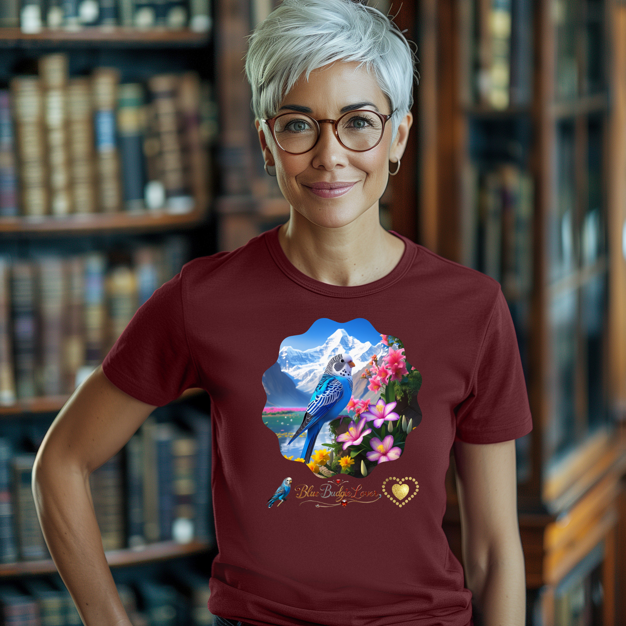 Blue Budgie Lover Floral T-Shirt