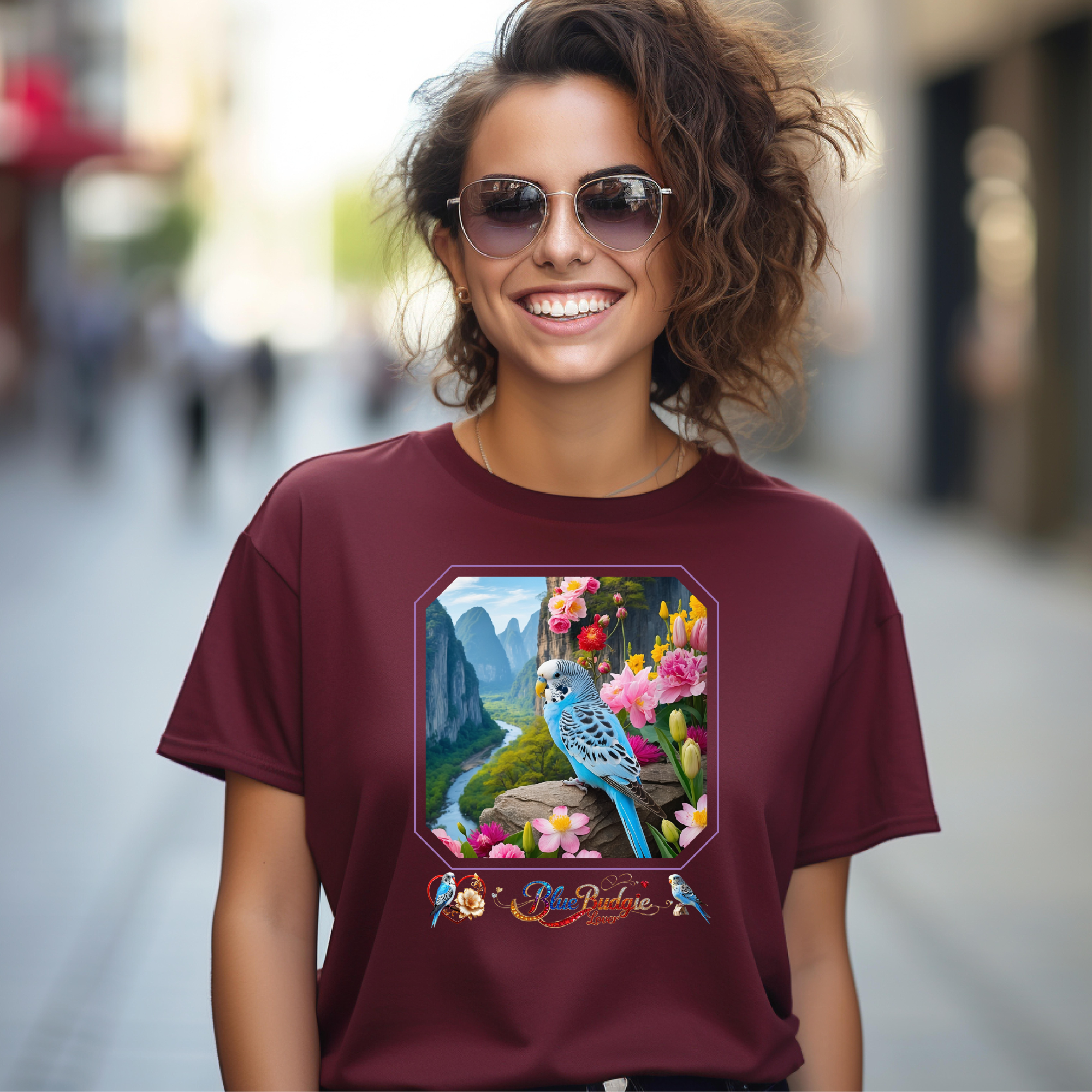 Floral Blue Budgie Lover T-Shirt