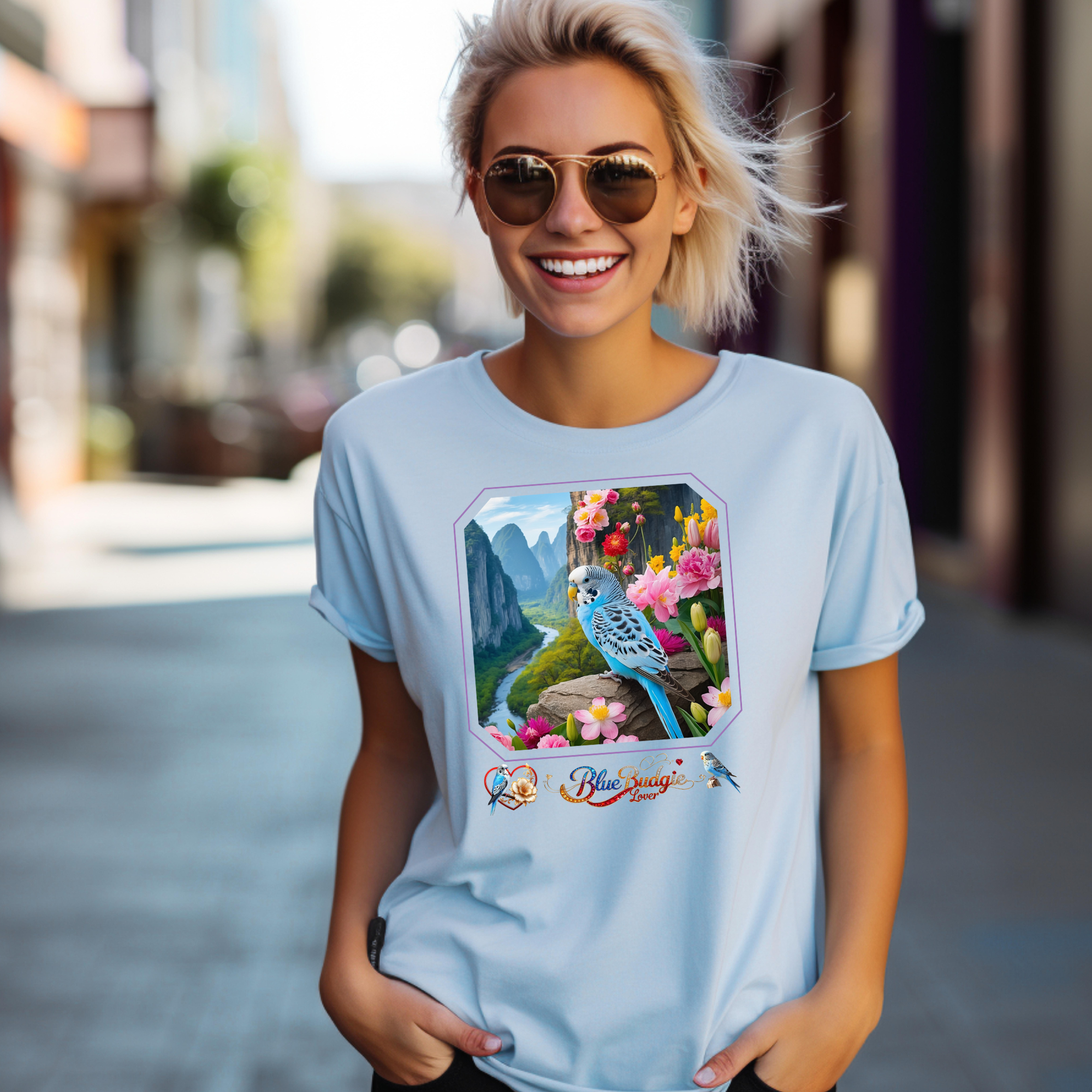 Floral Blue Budgie Lover T-Shirt