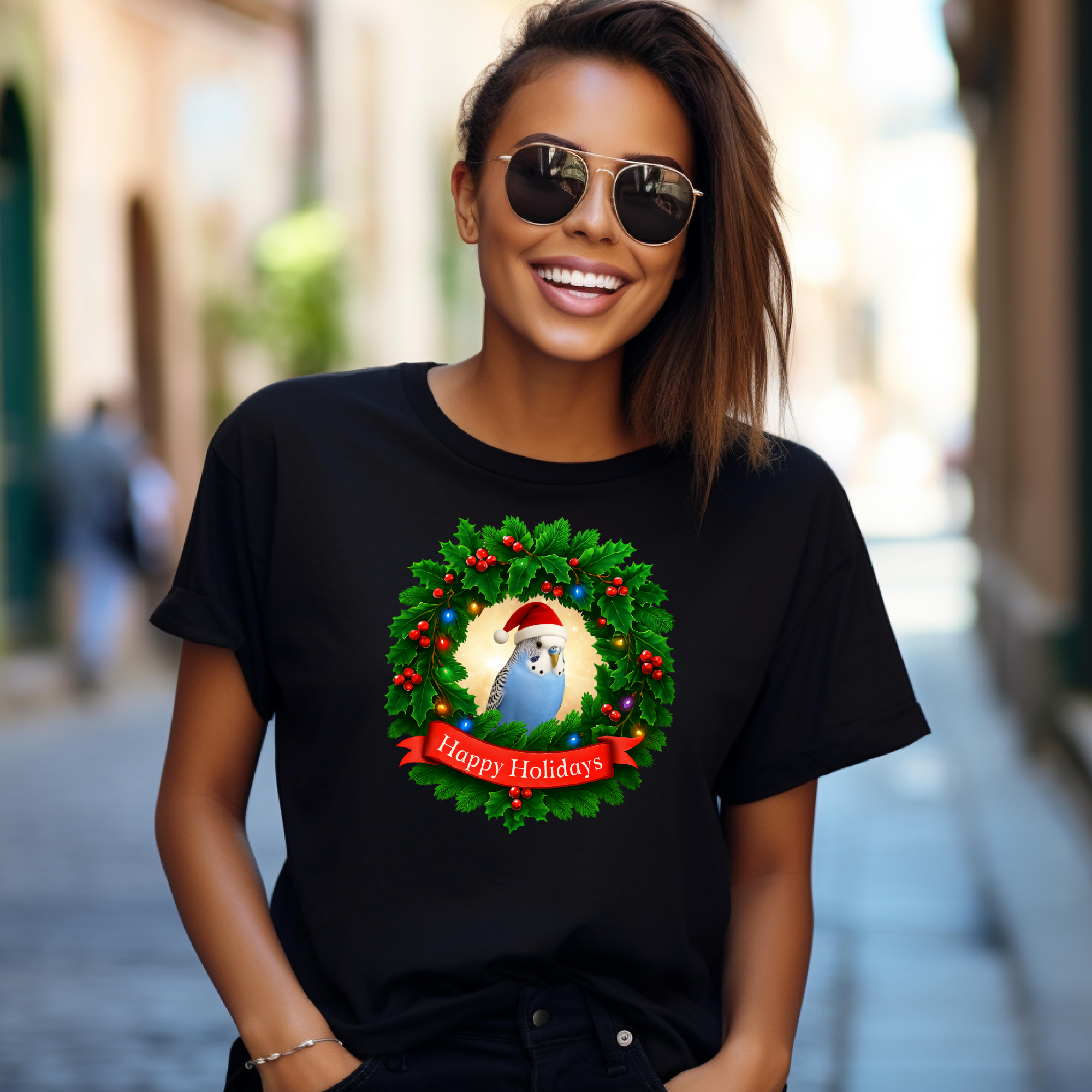 Happy Holidays Blue Budgie T-Shirt