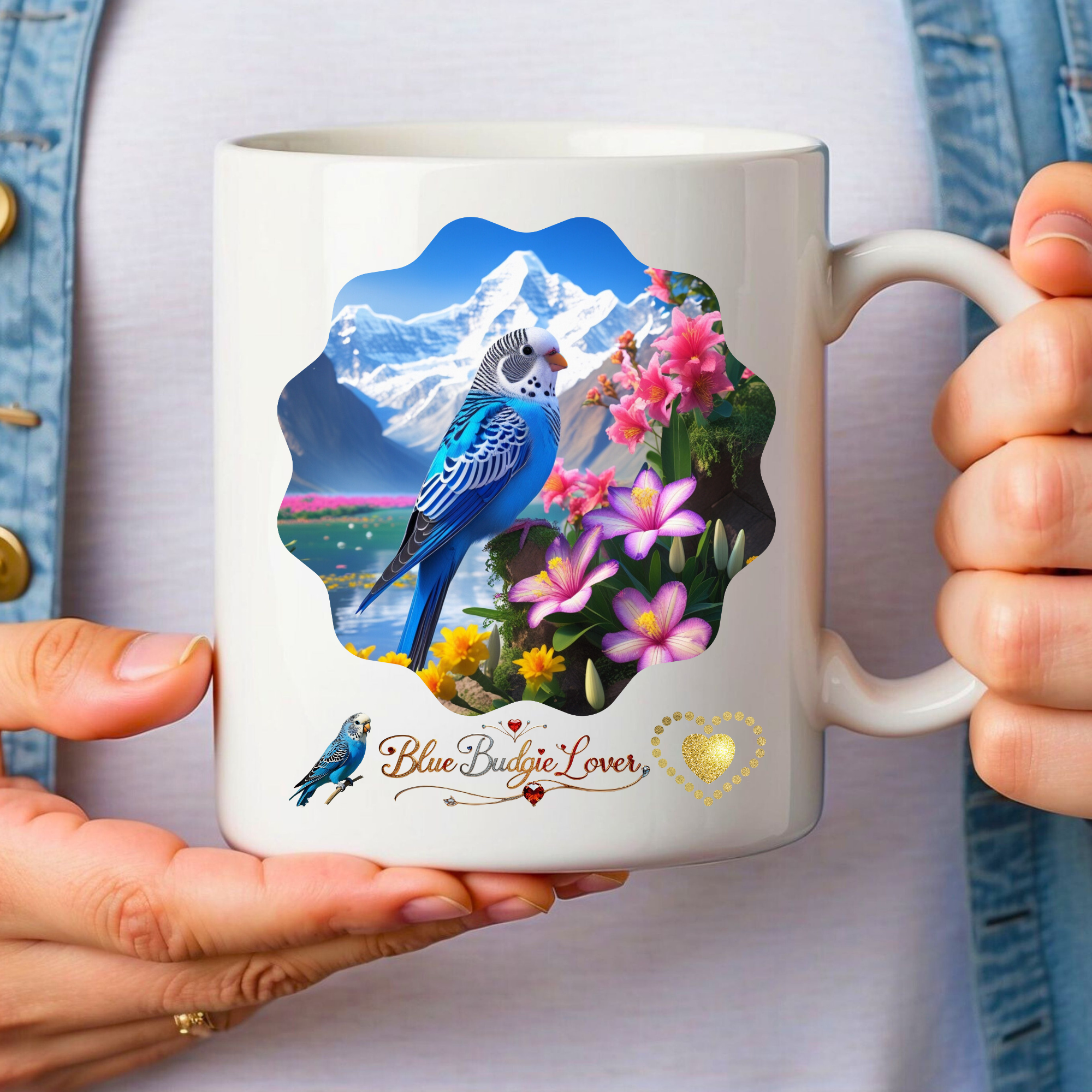 Blue Budgie Lover Mountain Floral Mug