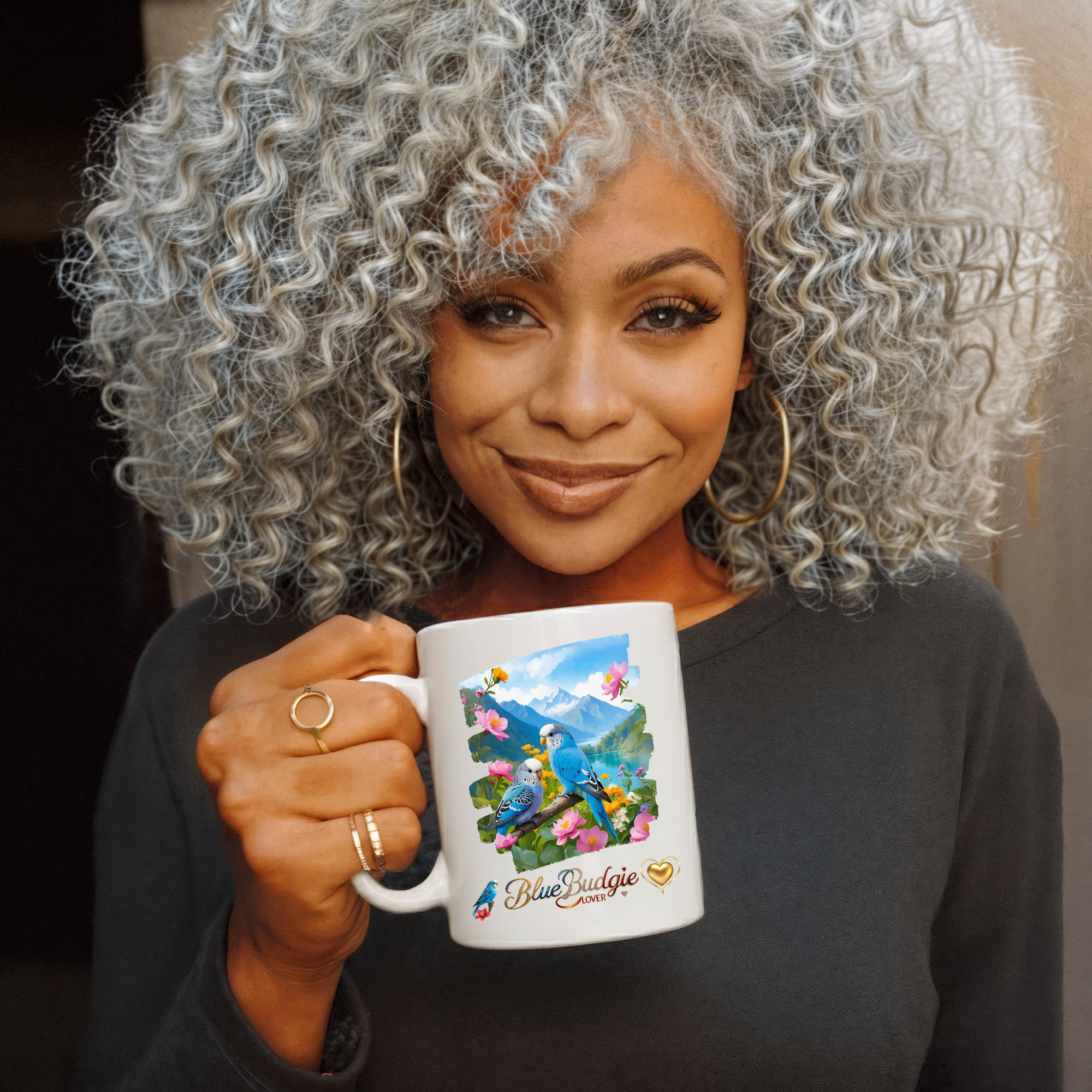 Mountain Blue Budgie Lover Floral Mug