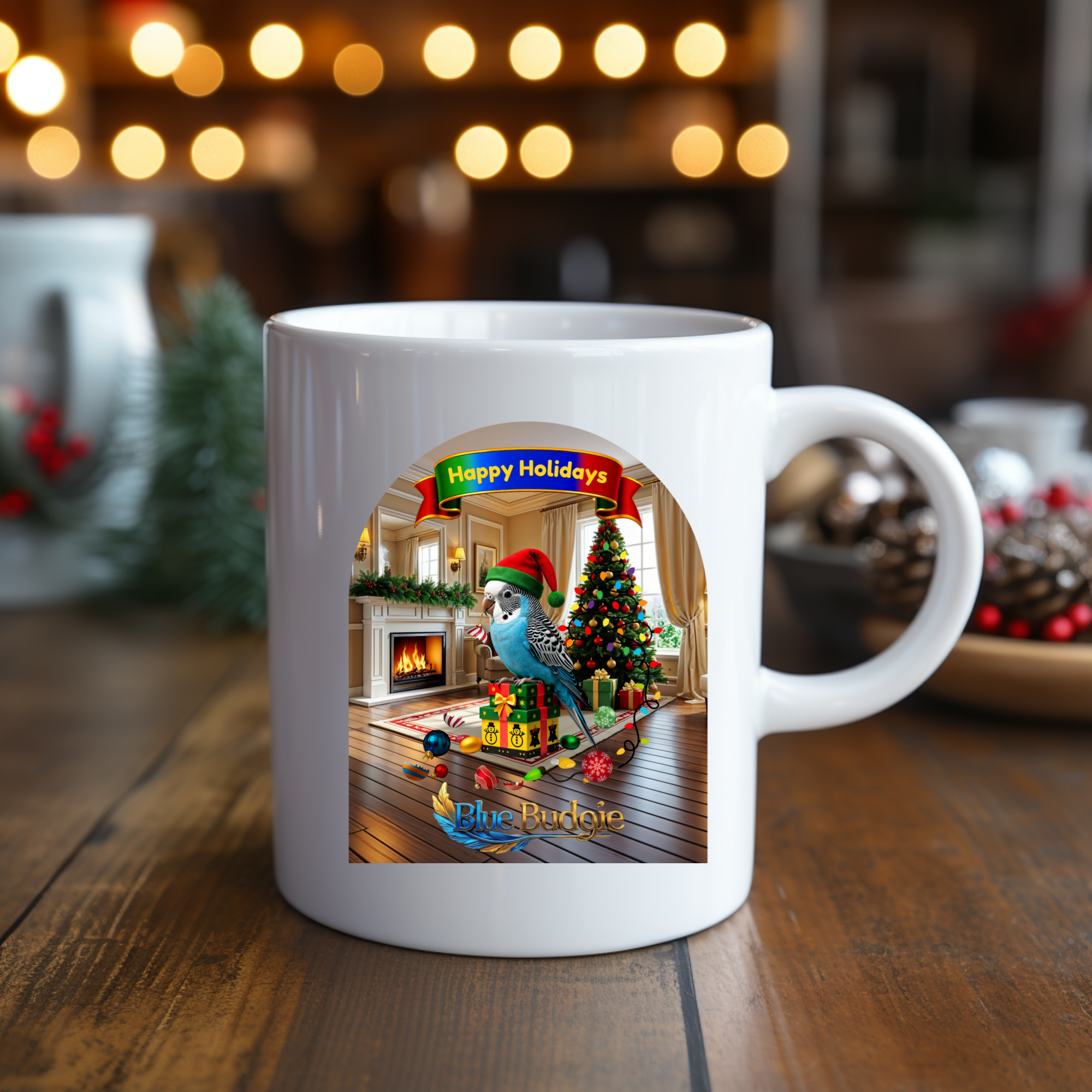 Happy Holidays Blue Budgie Mug