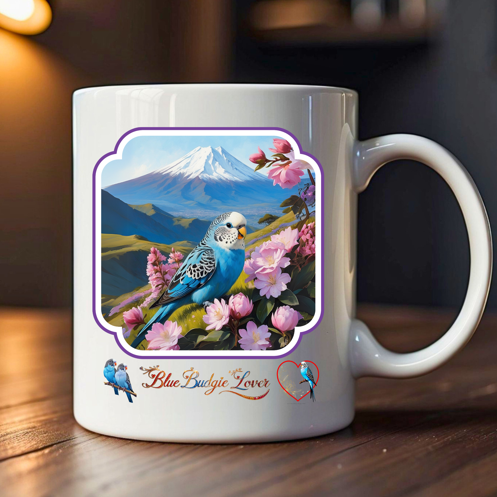 Blue Budgie Lover Mountain Floral Mug