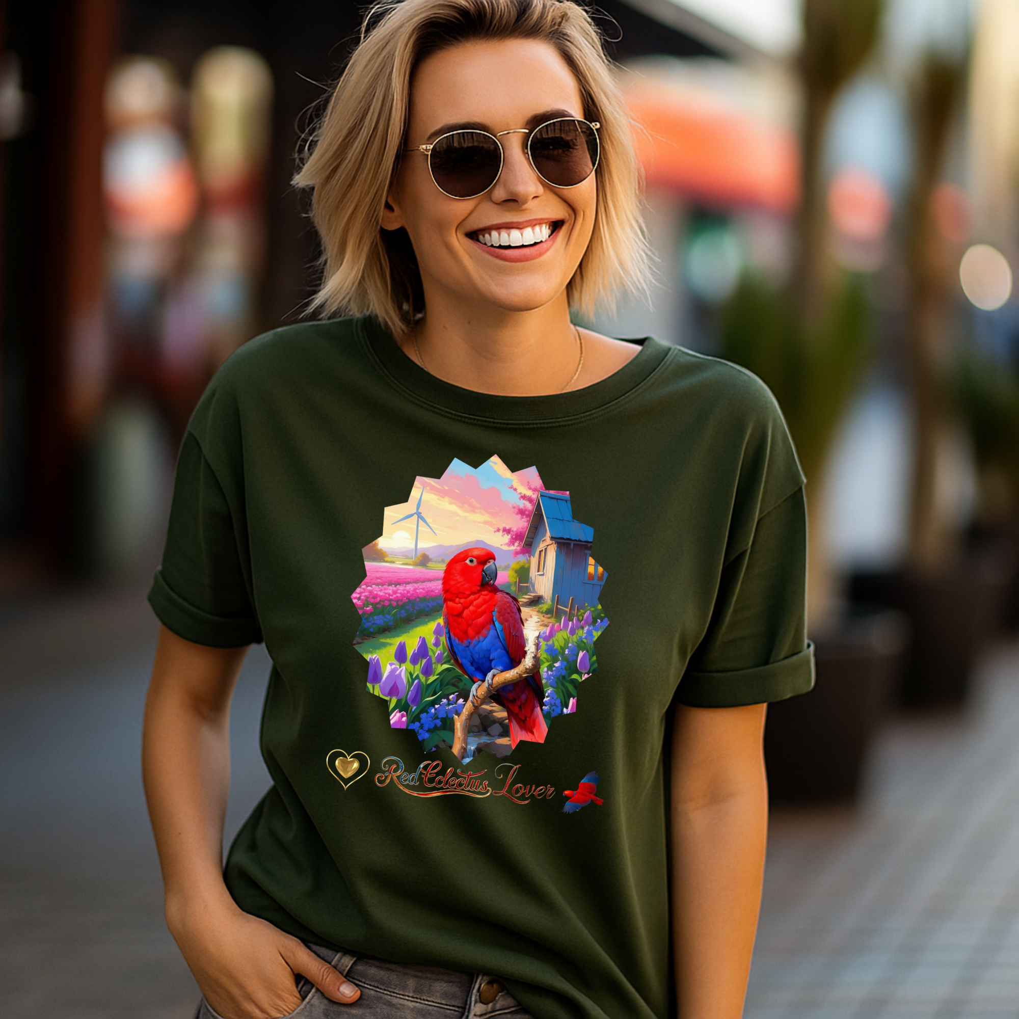 Red Eclectus Lover Floral Scenic T-Shirt