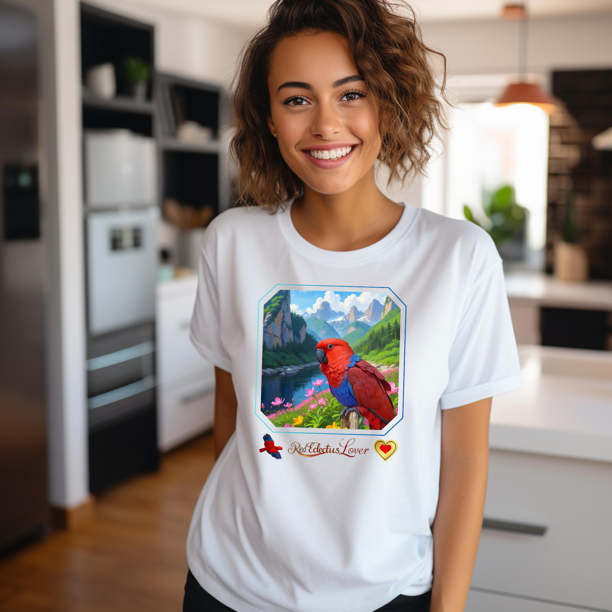 Red Eclectus Lover Lake Floral T-Shirt
