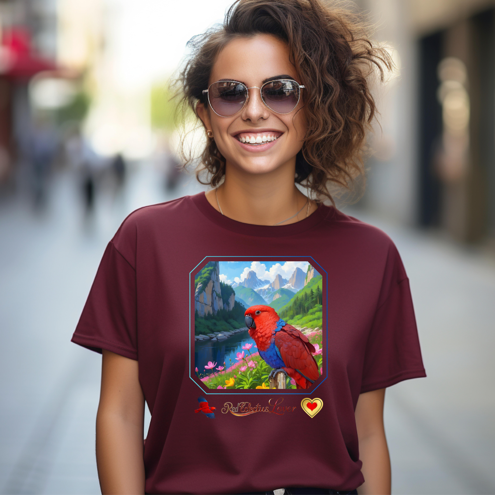 Red Eclectus Lover Lake Floral T-Shirt