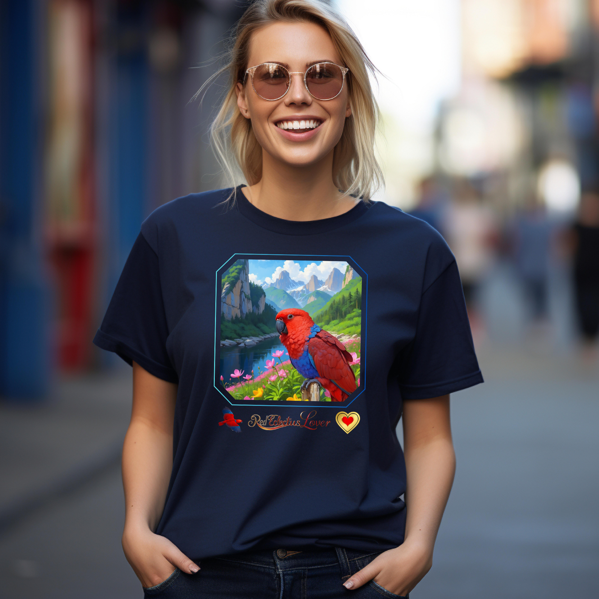 Red Eclectus Lover Lake Floral T-Shirt