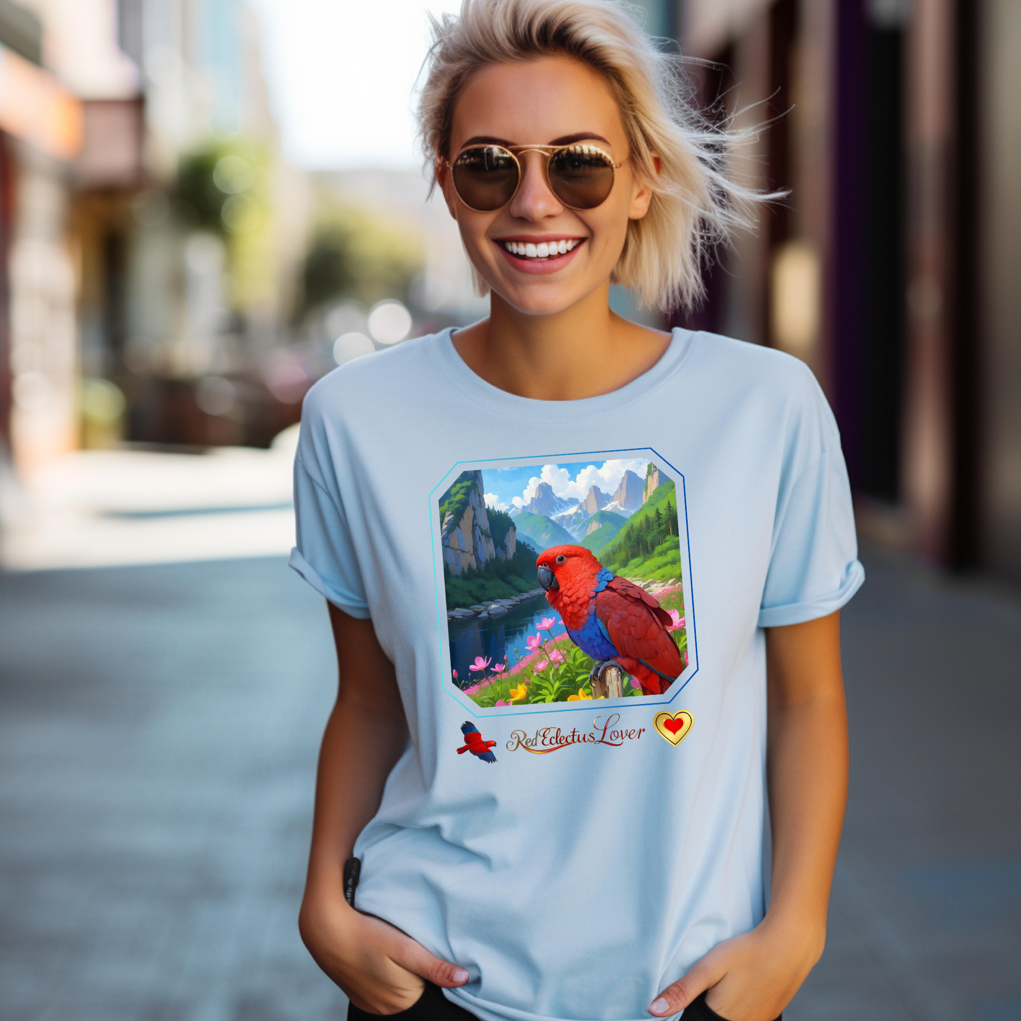 Red Eclectus Lover Lake Floral T-Shirt