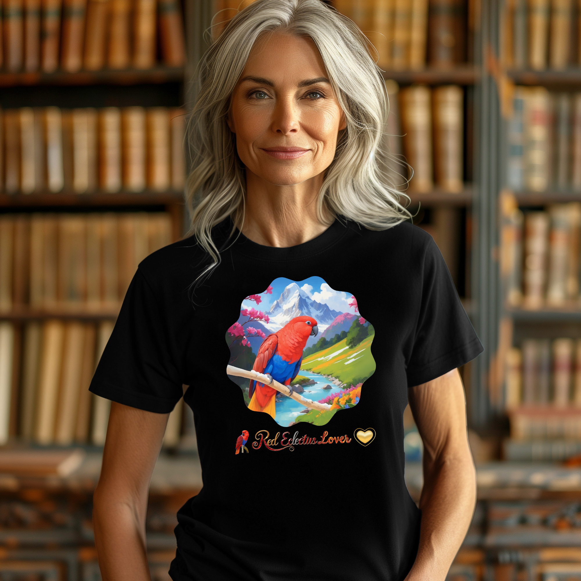 Red Eclectus Lover Mountain Lake T-Shirt