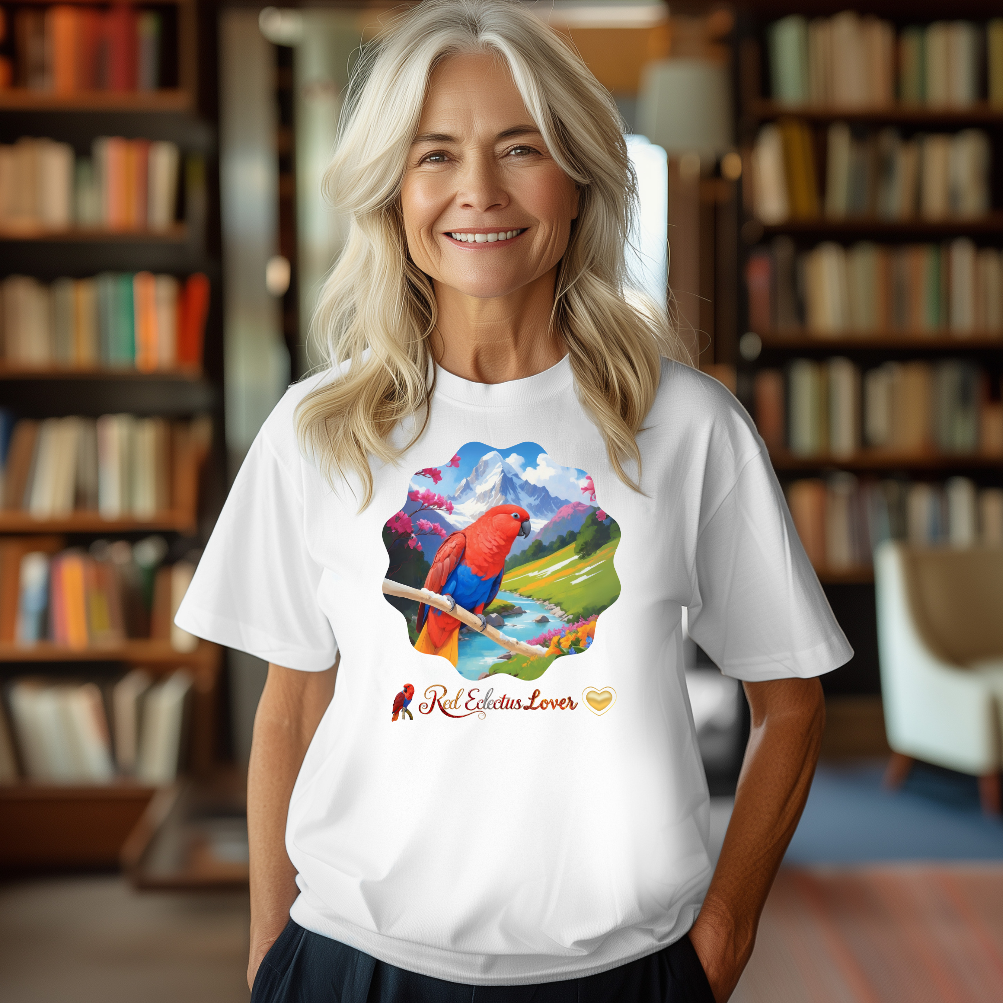 Red Eclectus Lover Mountain Lake T-Shirt