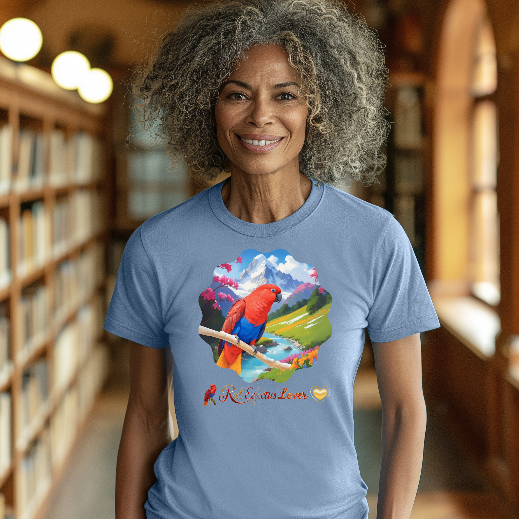 Red Eclectus Lover Mountain Lake T-Shirt