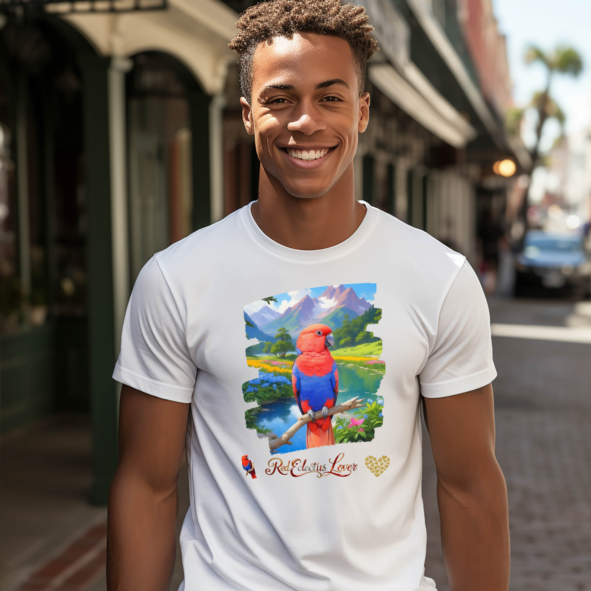 Red Eclectus Lover Mountain Lake T-Shirt