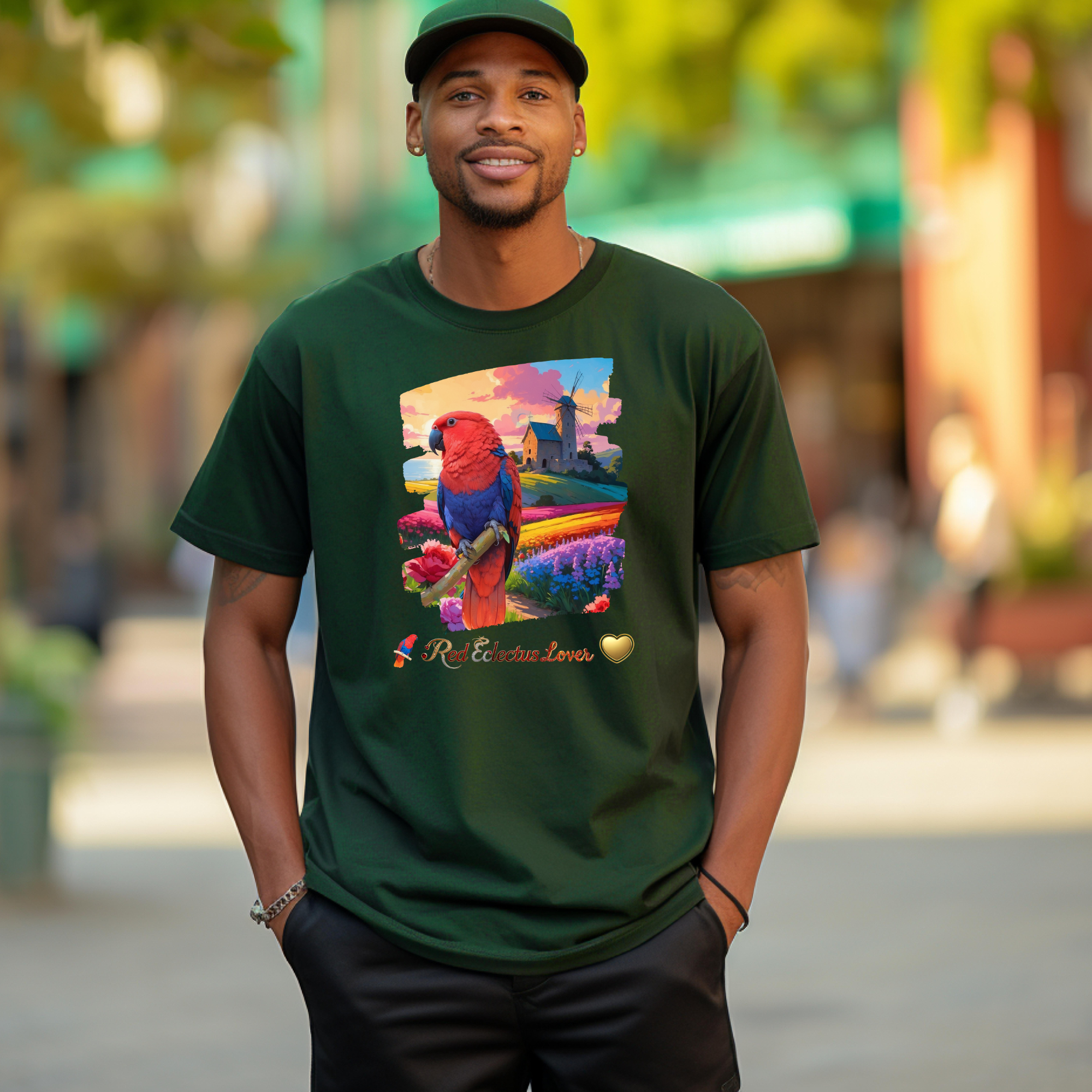 Red Eclectus Lover Mountain Lake T-Shirt