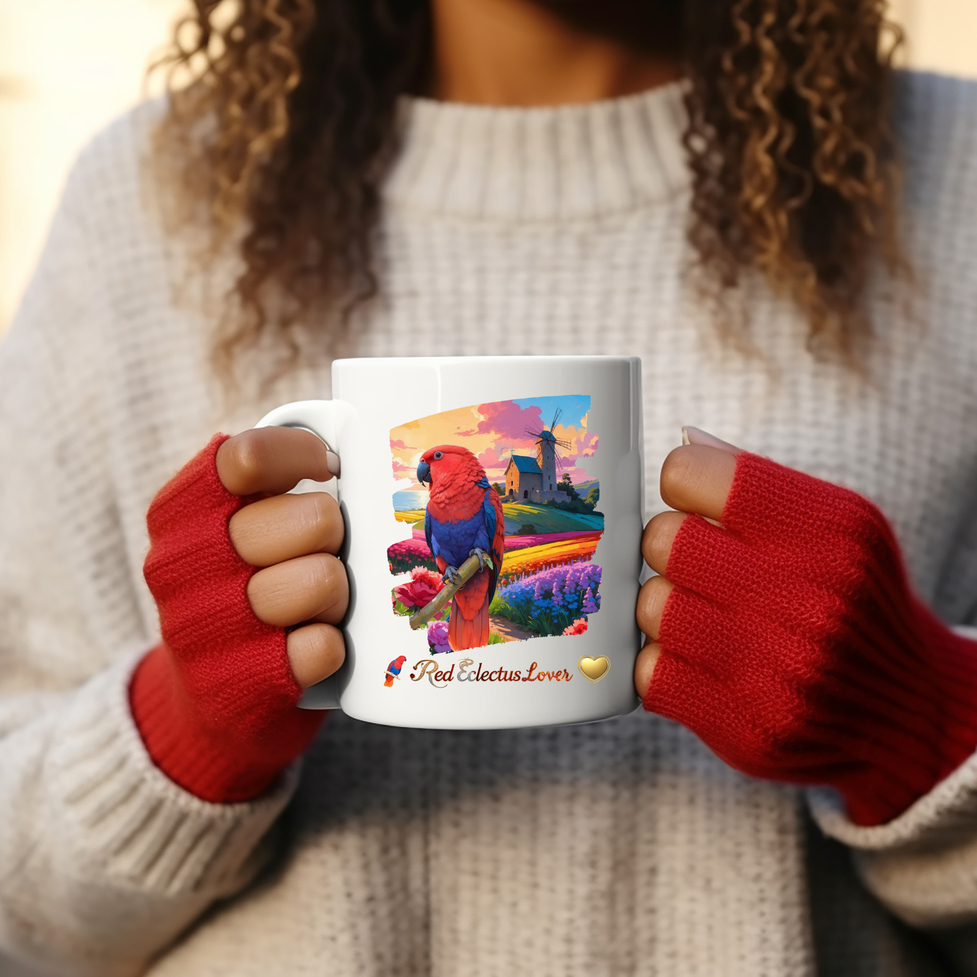 Colorful Red Eclectus Lover Floral Mug