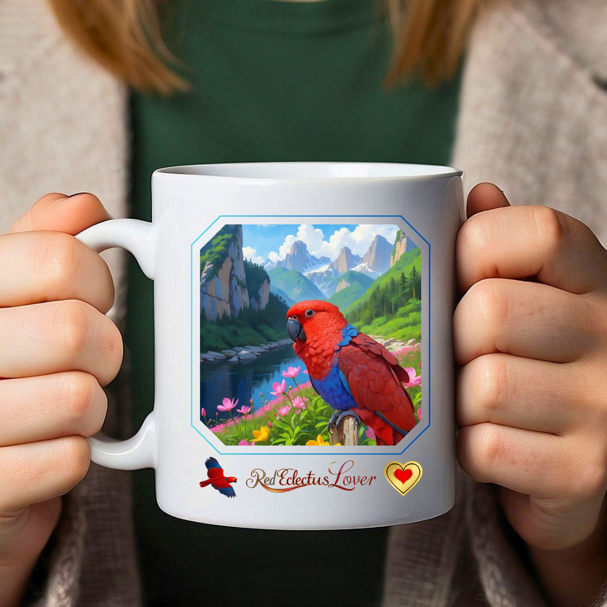 Red Eclectus Lover Mountain Lake Mug
